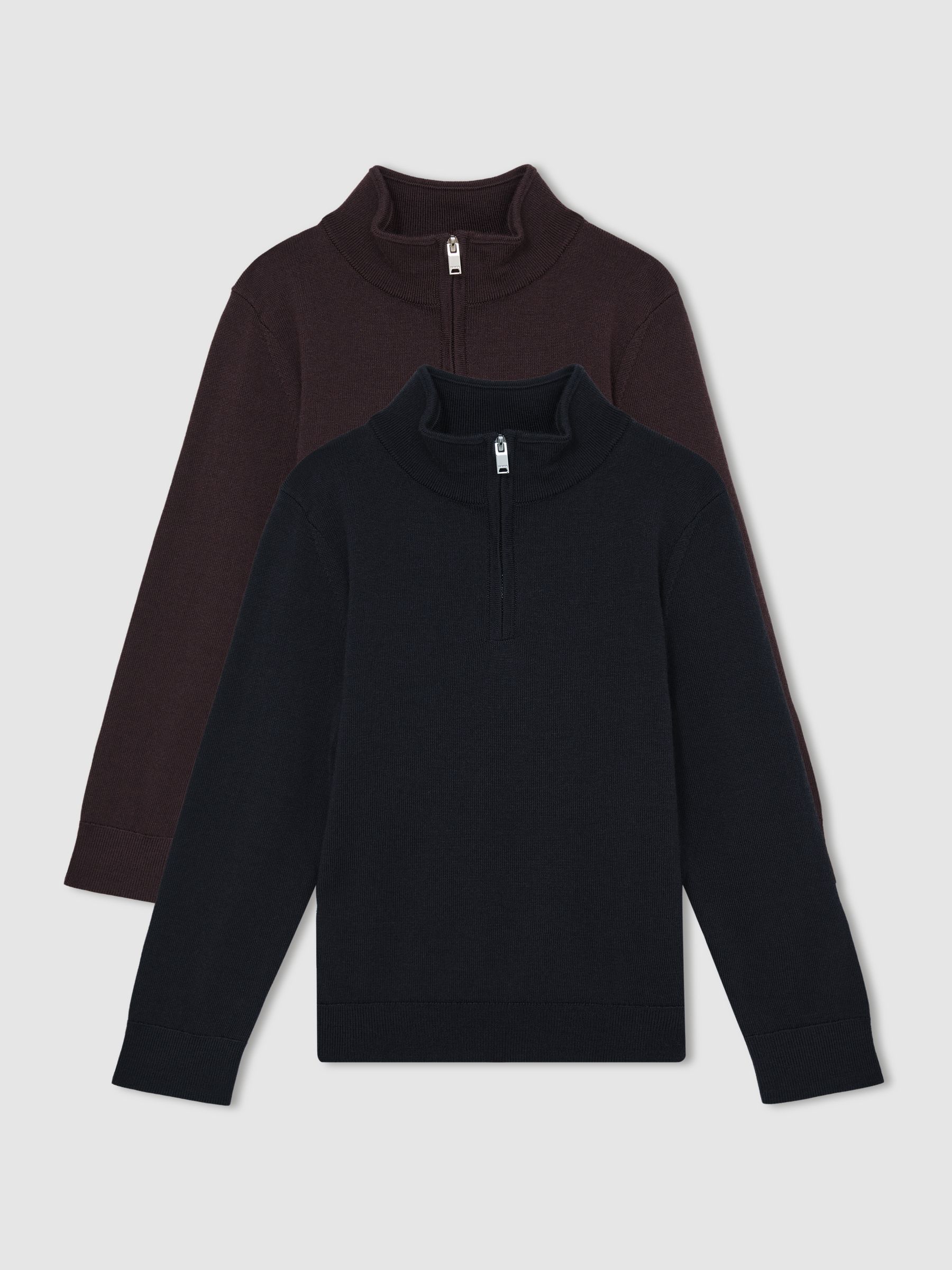 3-9 yrs Two Pack Of Merino Wool Zip-Neck Jumpers in Navy/Dark Bordeaux