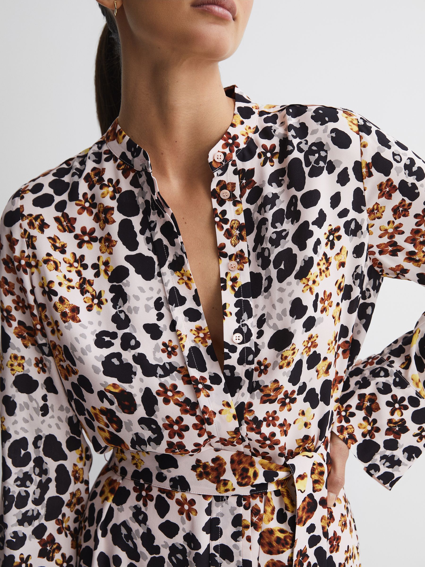 Animal Print Asymmetric Belted Dress in Nude/Black