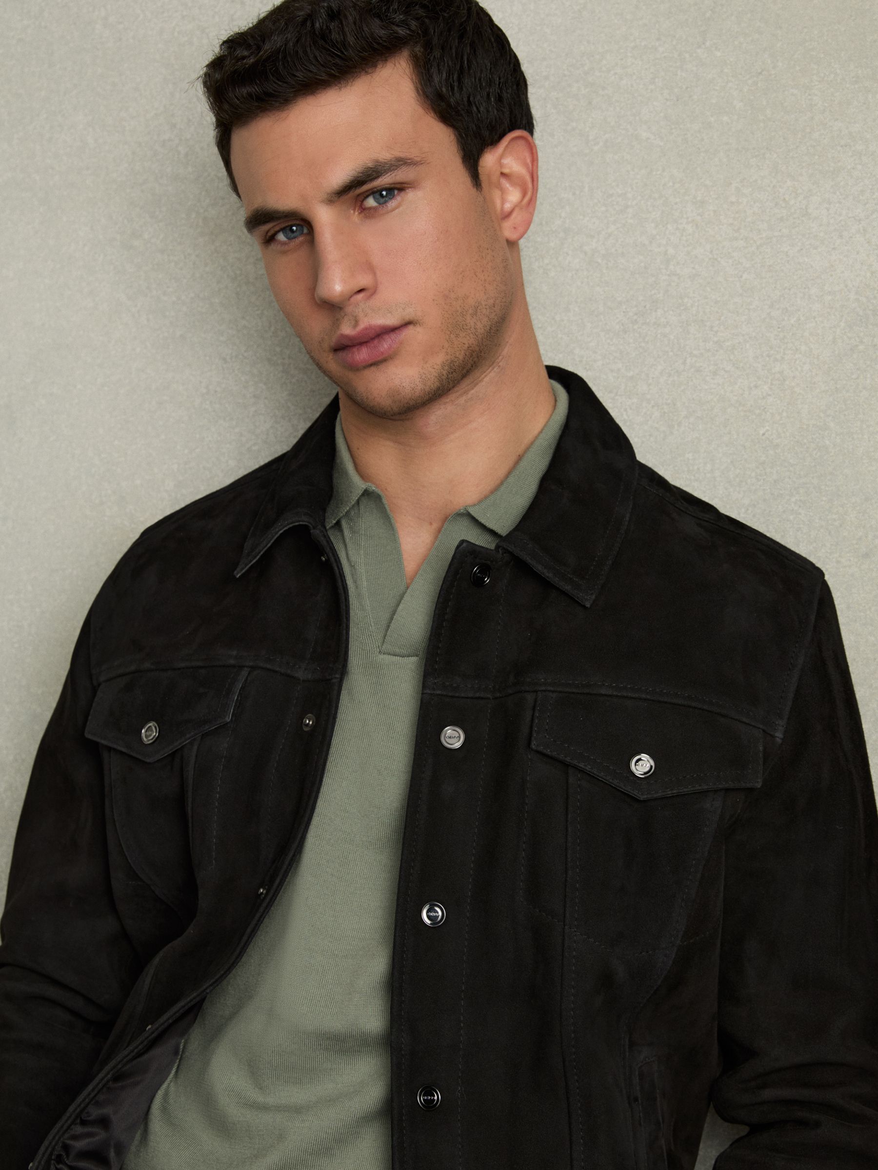 Merino Wool Open Collar Polo Shirt in Herb Green