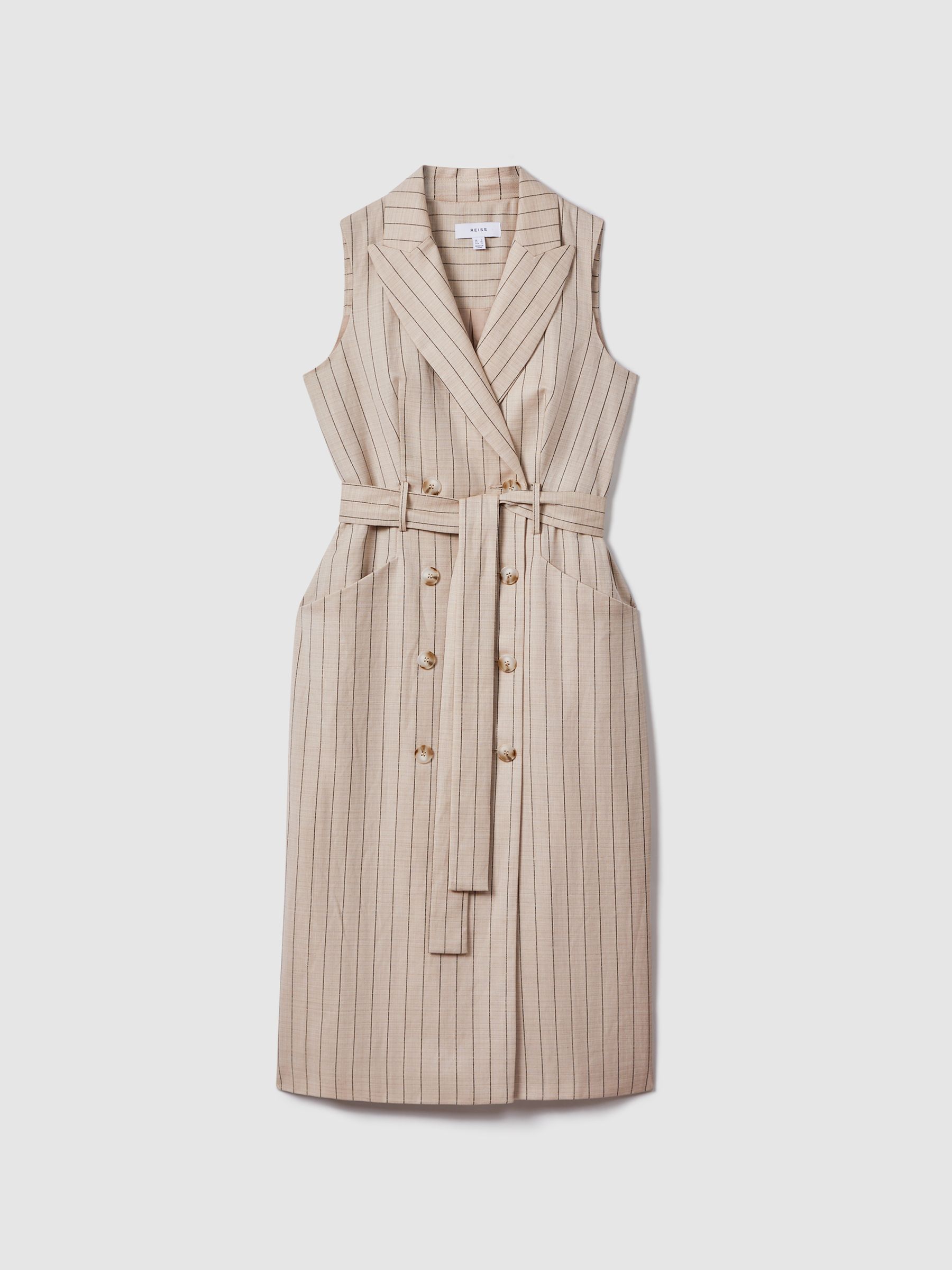 Wool Blend Striped Double Breasted Midi Dress in Neutral