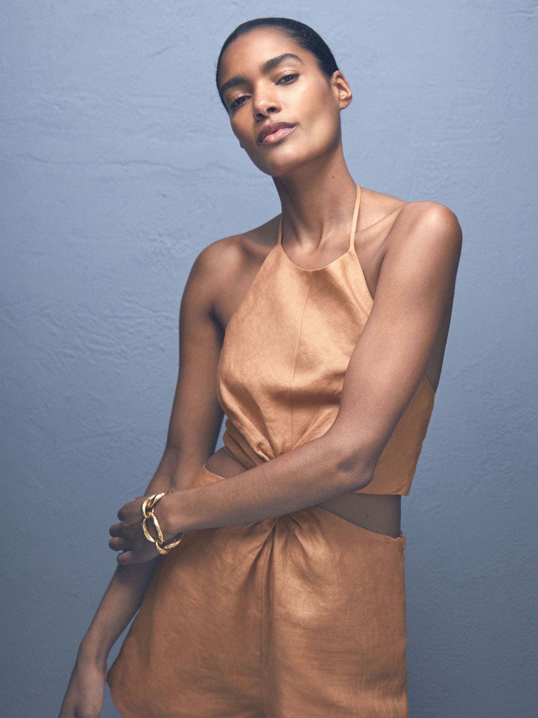 Linen Halterneck Cut Out Playsuit in Brown