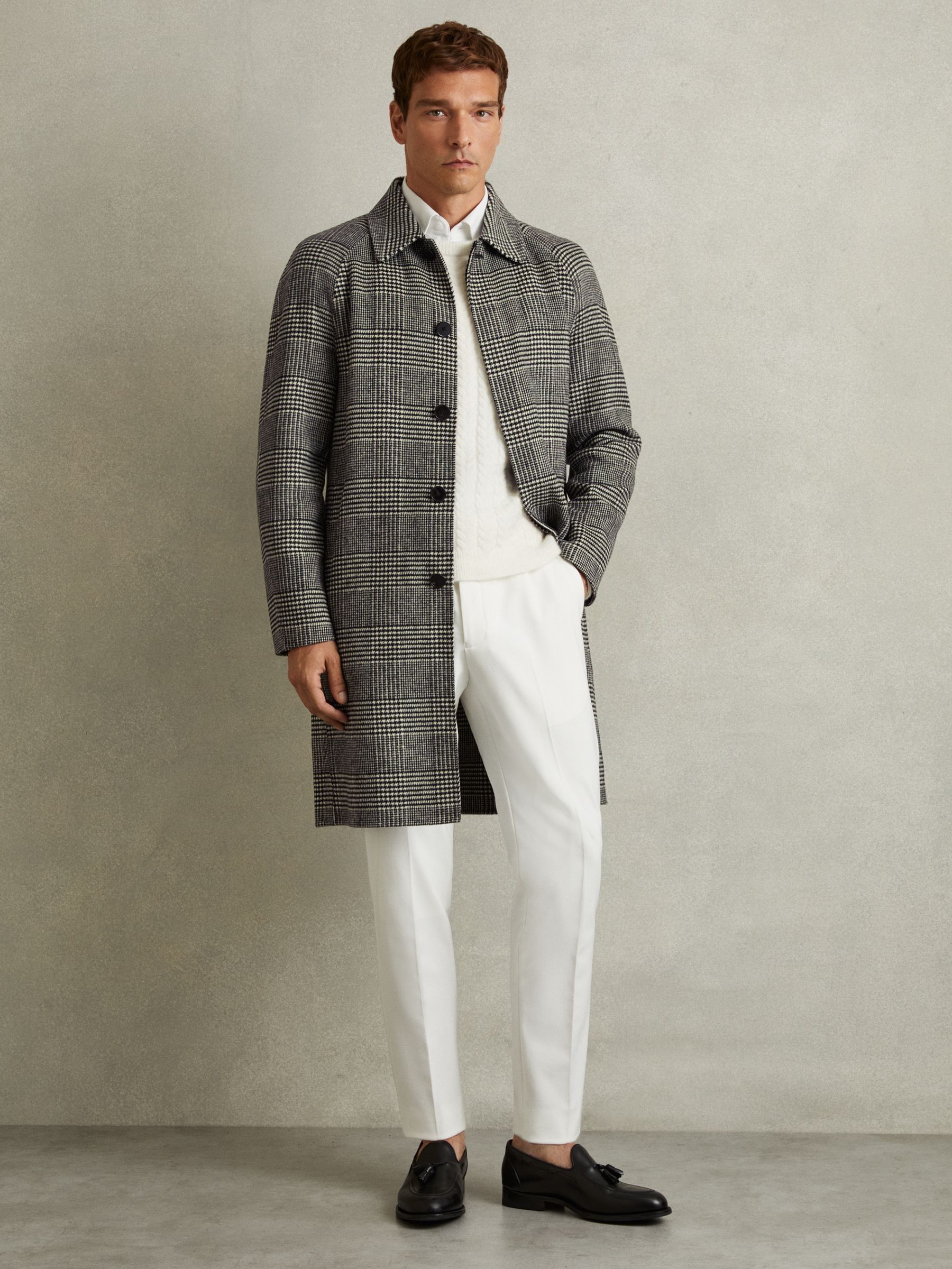 Checked Wool-Blend Car Coat in Black/White