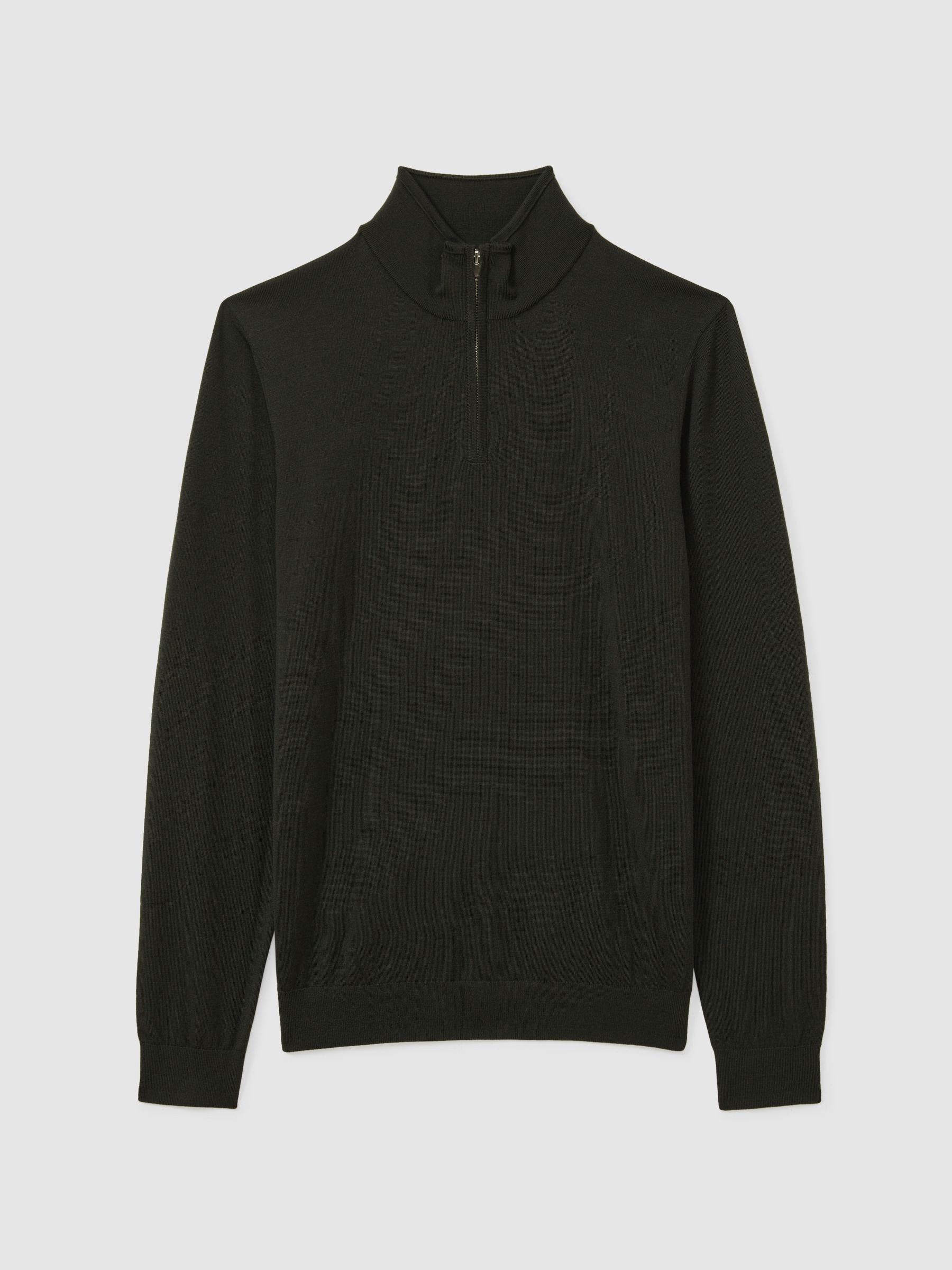 Merino Wool Half-Zip Funnel Neck Jumper in Dark Military Green