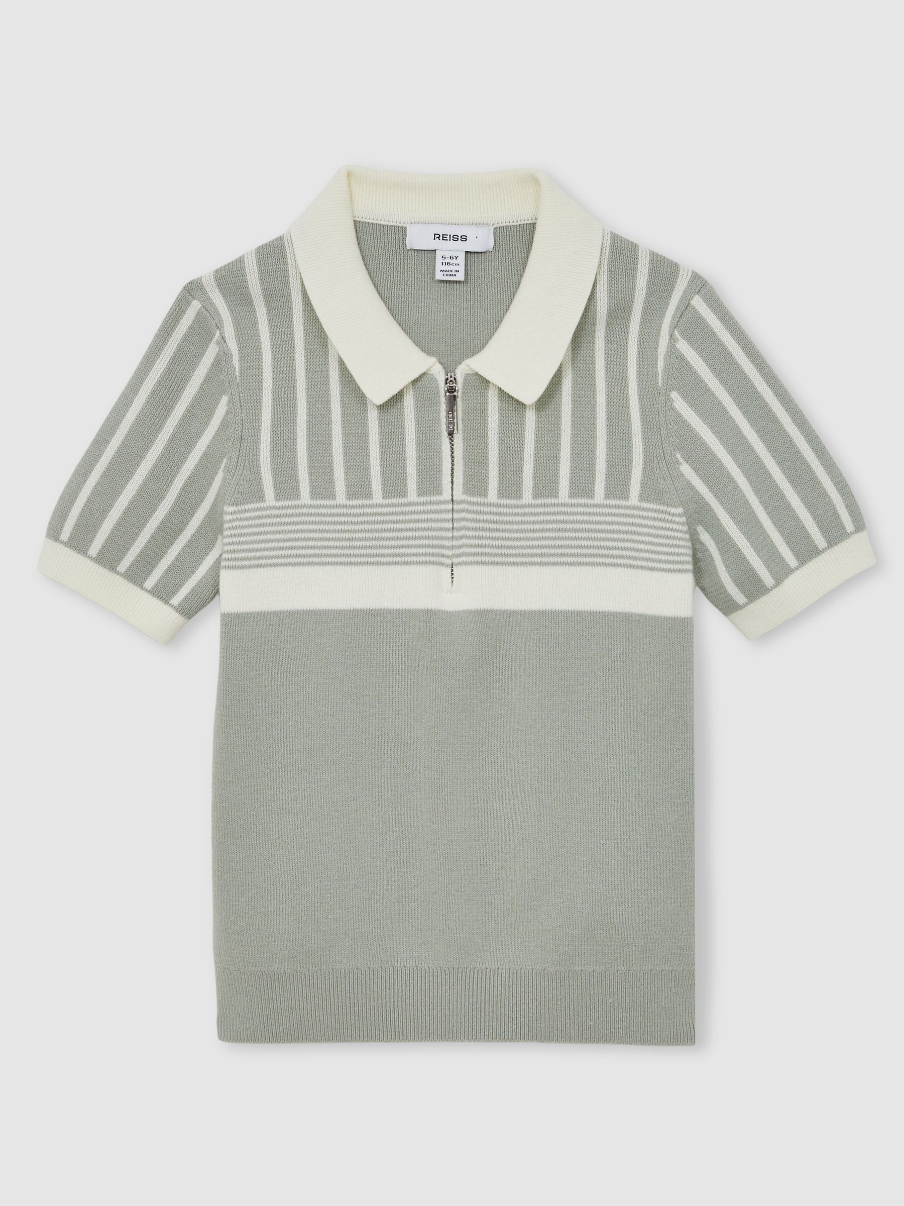 13-14 yrs Cotton Stripe Knit Half-Zip Polo Shirt in Sage Green/Off White