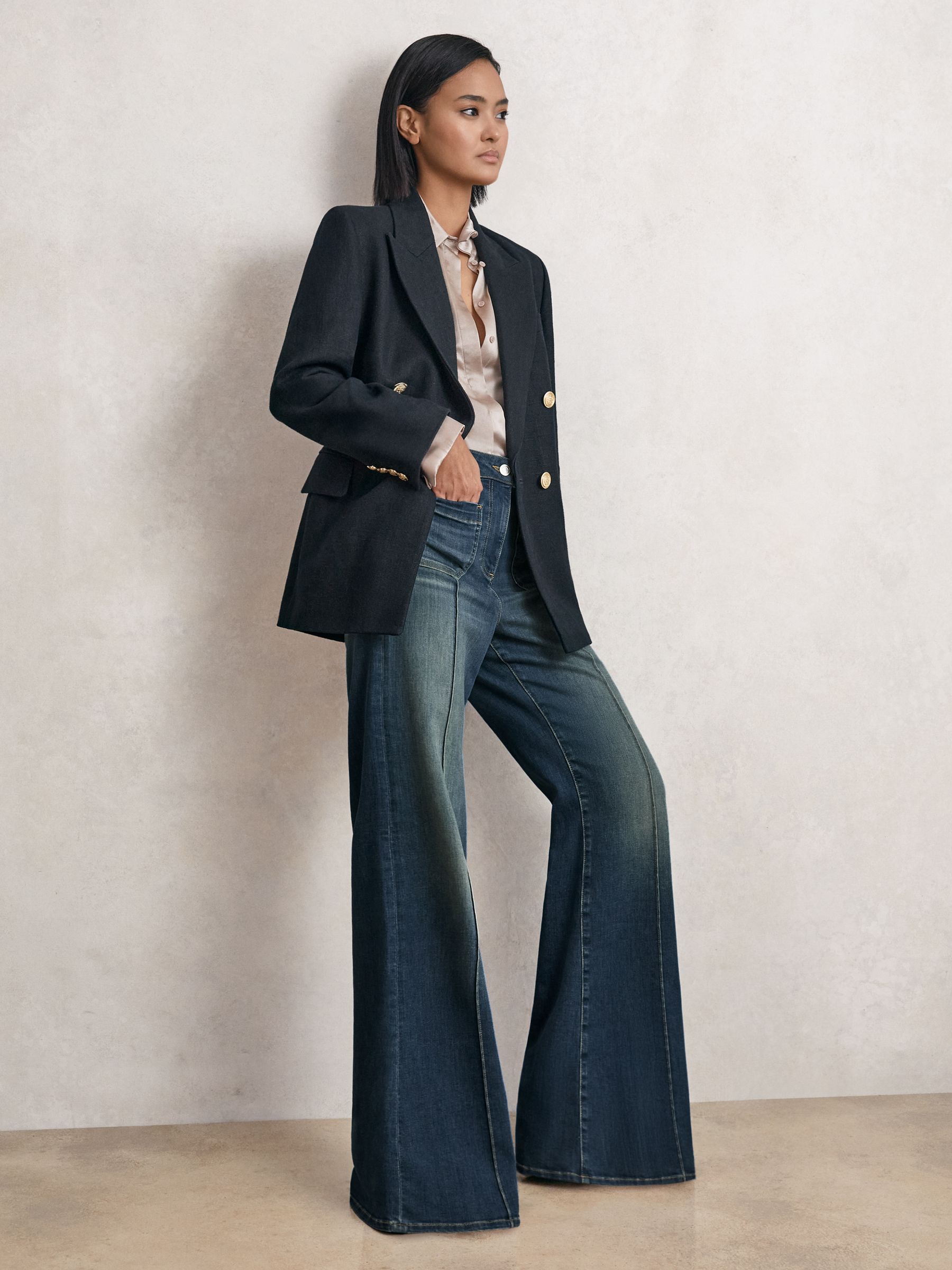 Patch-Pocket Flared Jeans in Mid Blue