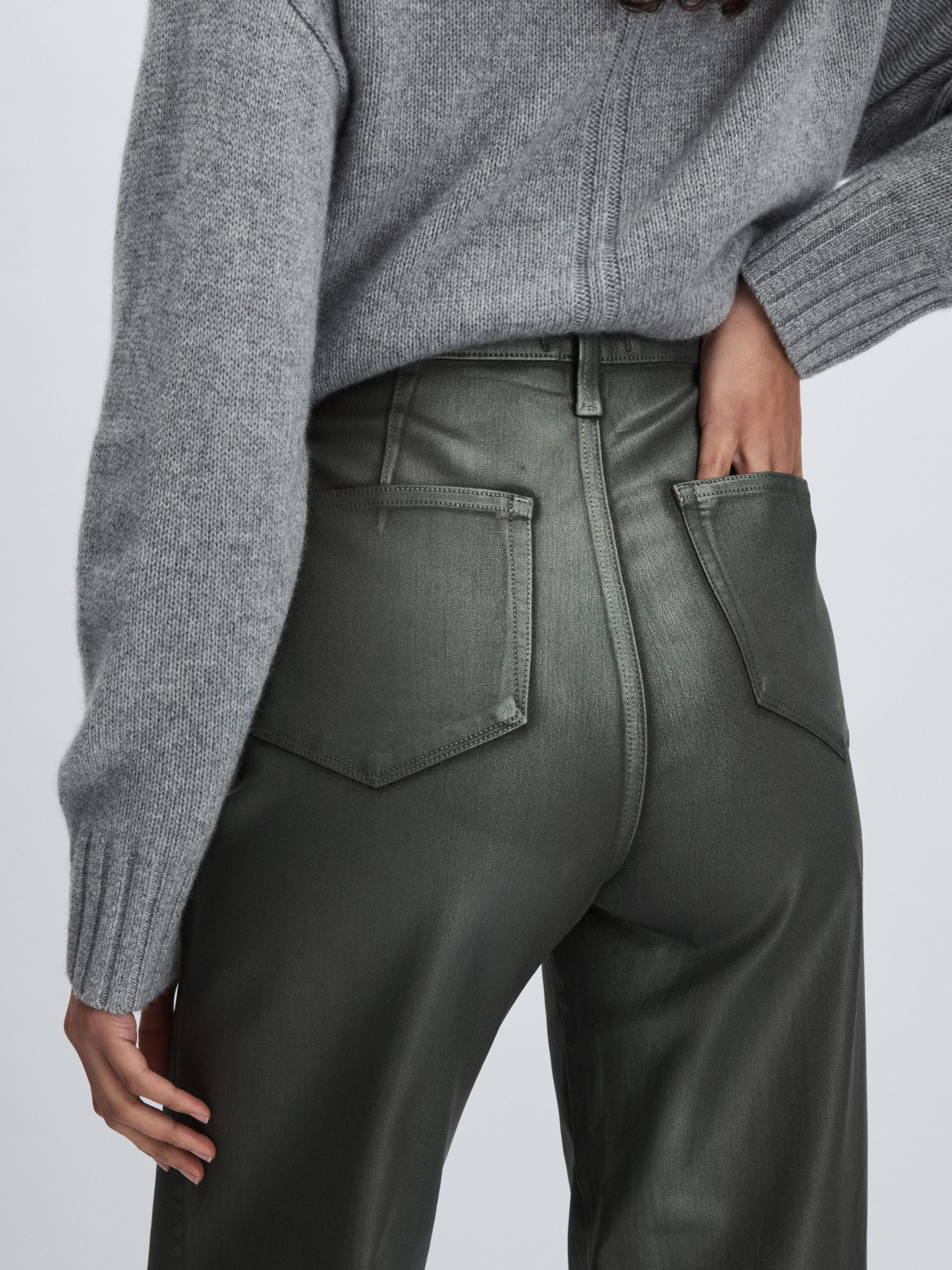 Paige Leather-Look Wide-Leg Jeans in Dark Green