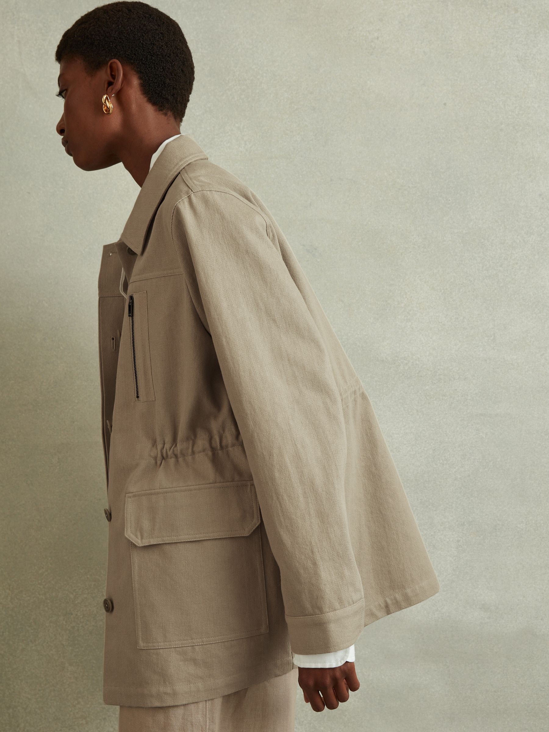 Cotton Canvas Drawstring Waist Overshirt in Neutral