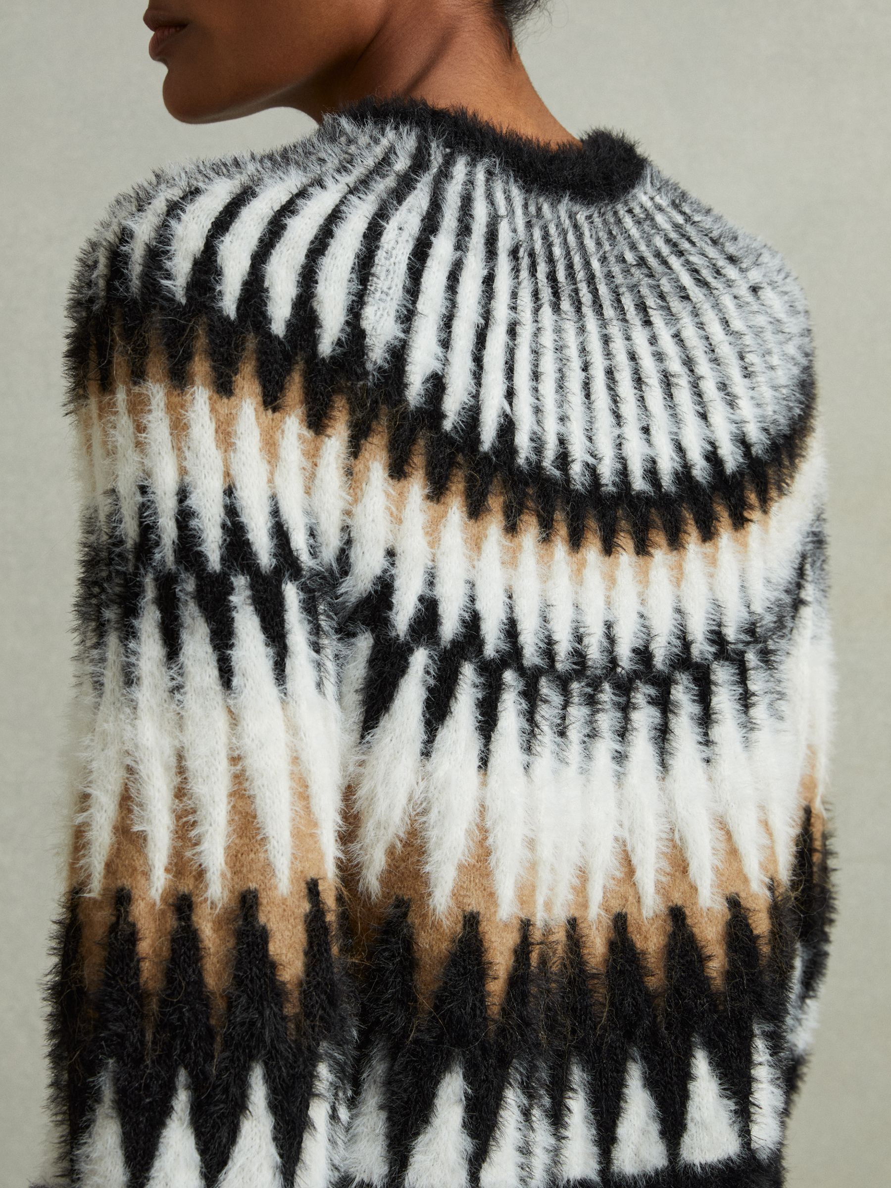 Fuzzy Fairisle Pattern Crew Neck Jumper in Black/Camel