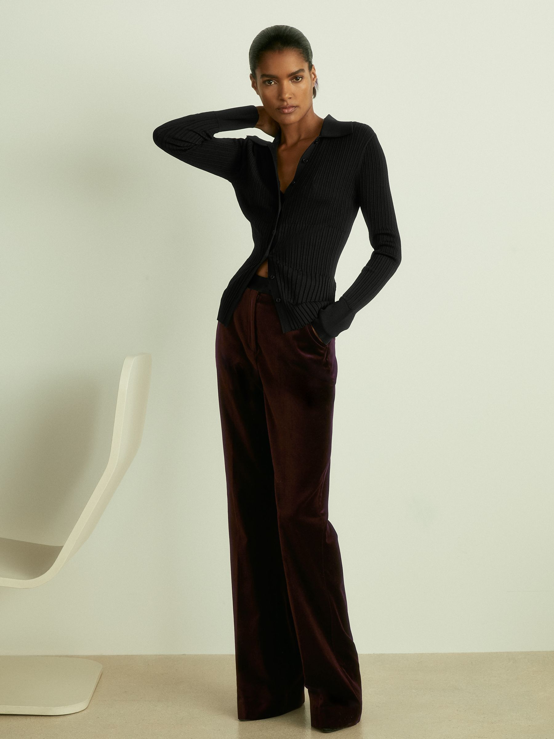 Petite Cotton-Velvet Flared Trousers in Burgundy