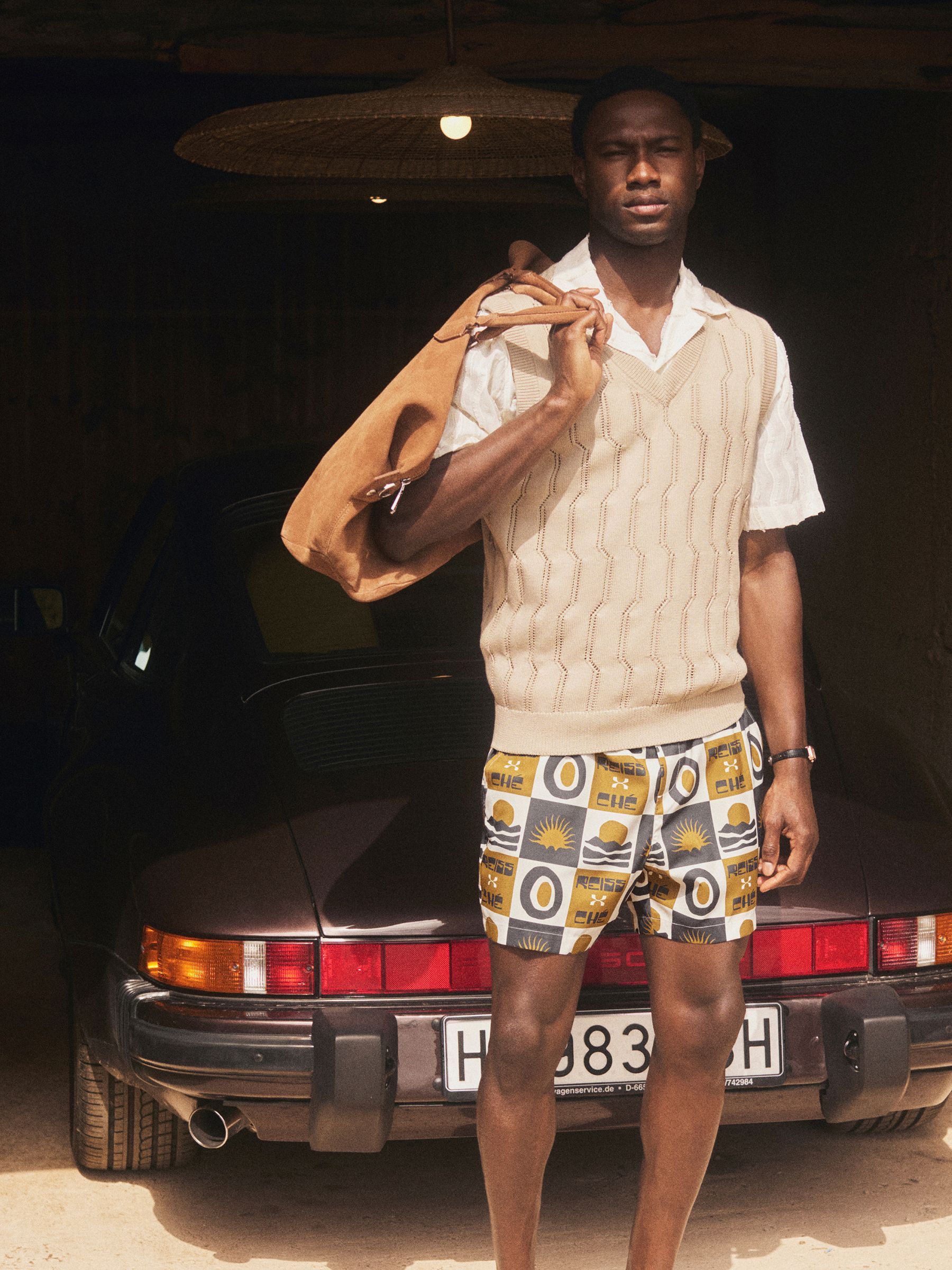 Reiss | Ché Sunset-Print Swim Shorts in Olive Green