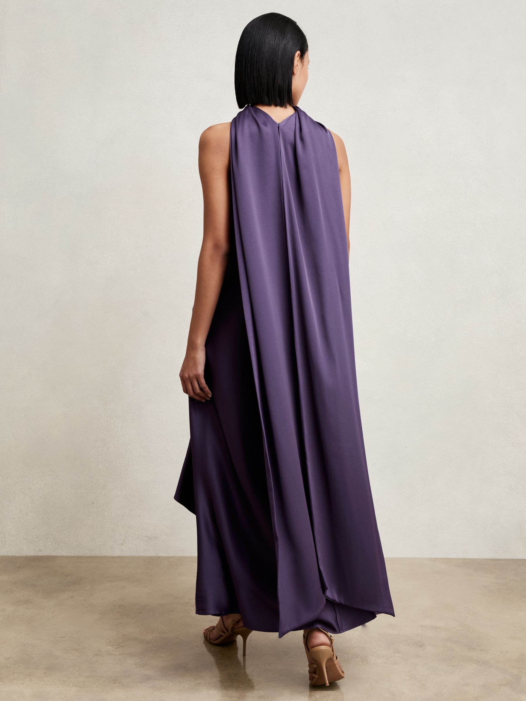 Petite Satin Tuck-Detail Cape Midi Dress in Purple
