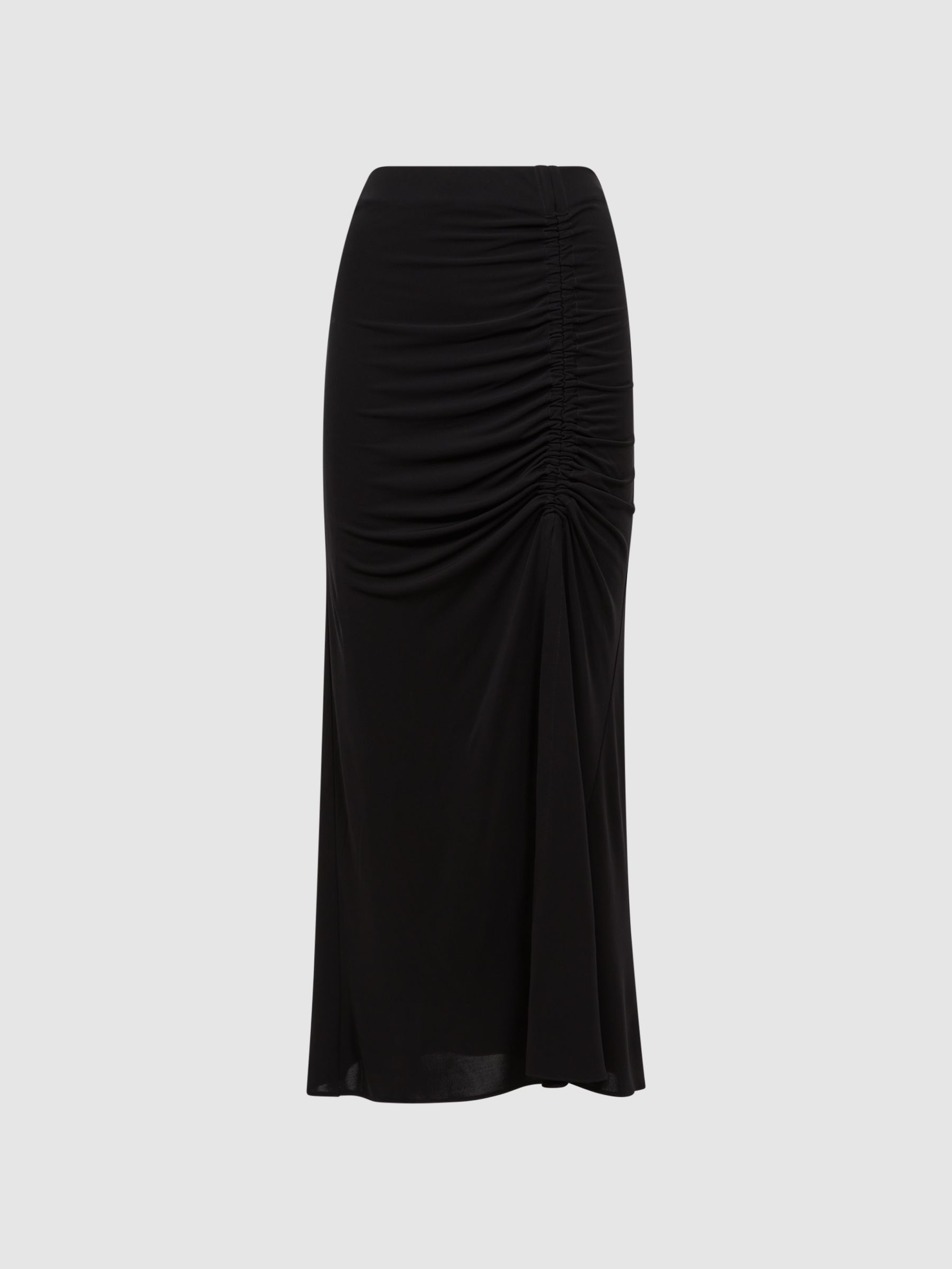 High Rise Ruched Fitted Midi Skirt in Black