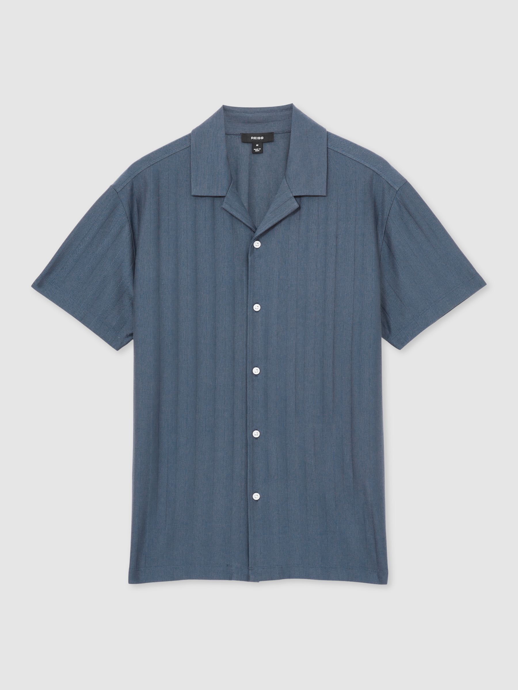 Cotton Textured Cuban-Collar Shirt in Airforce Blue