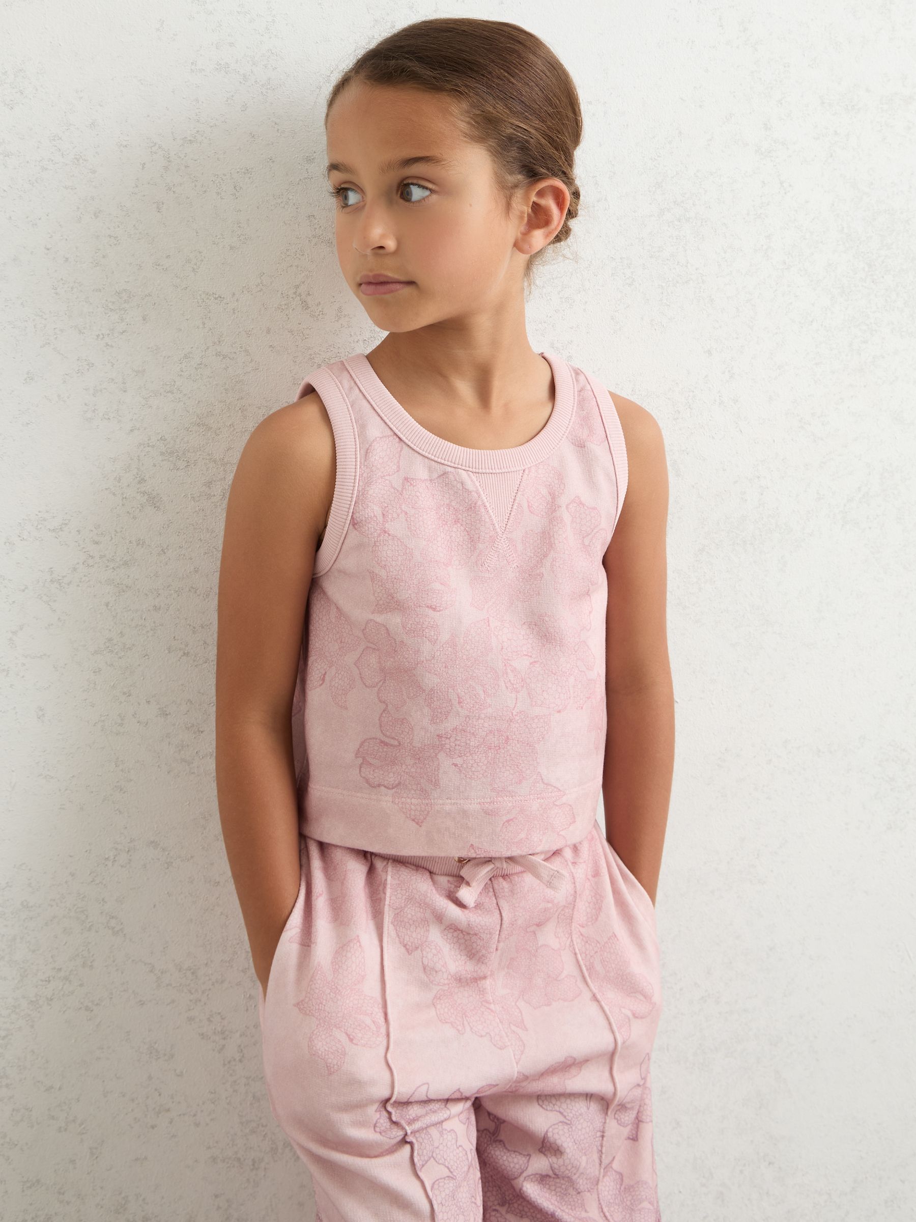 13-14 yrs Cotton Floral Vest and Joggers Set in Pink Print