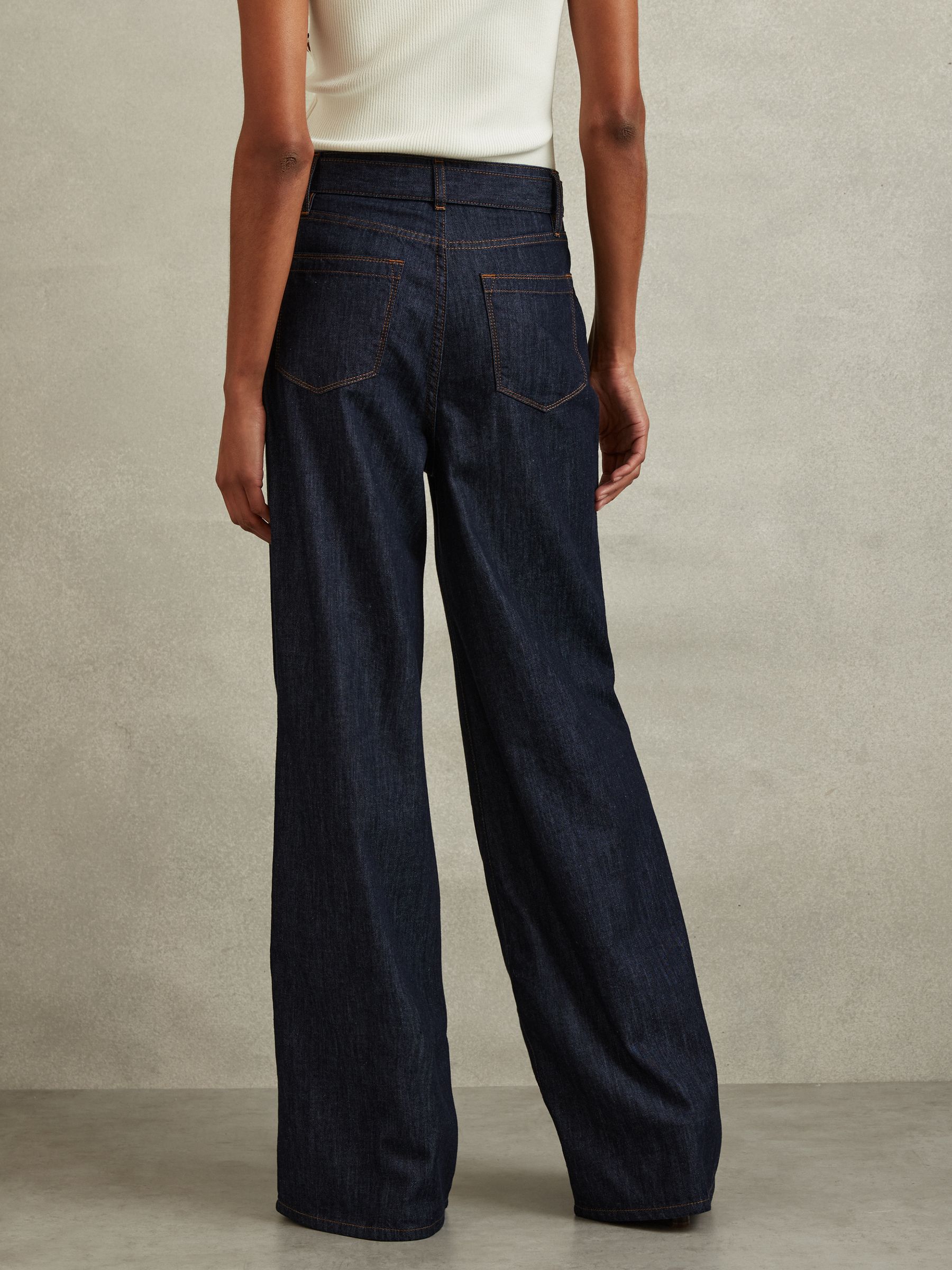 Belted Wide Leg Jeans in Dark Blue