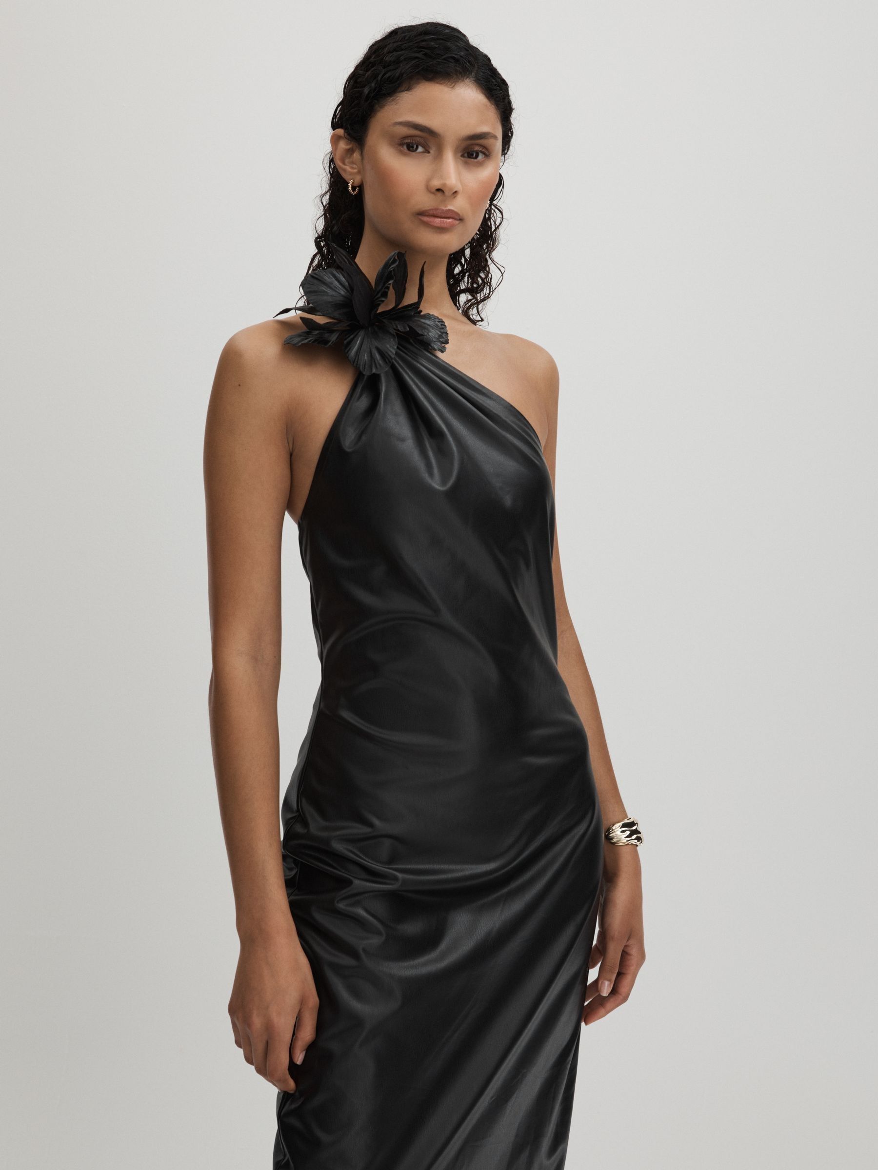 Halston Faux Leather One-Shoulder Maxi Dress in Black