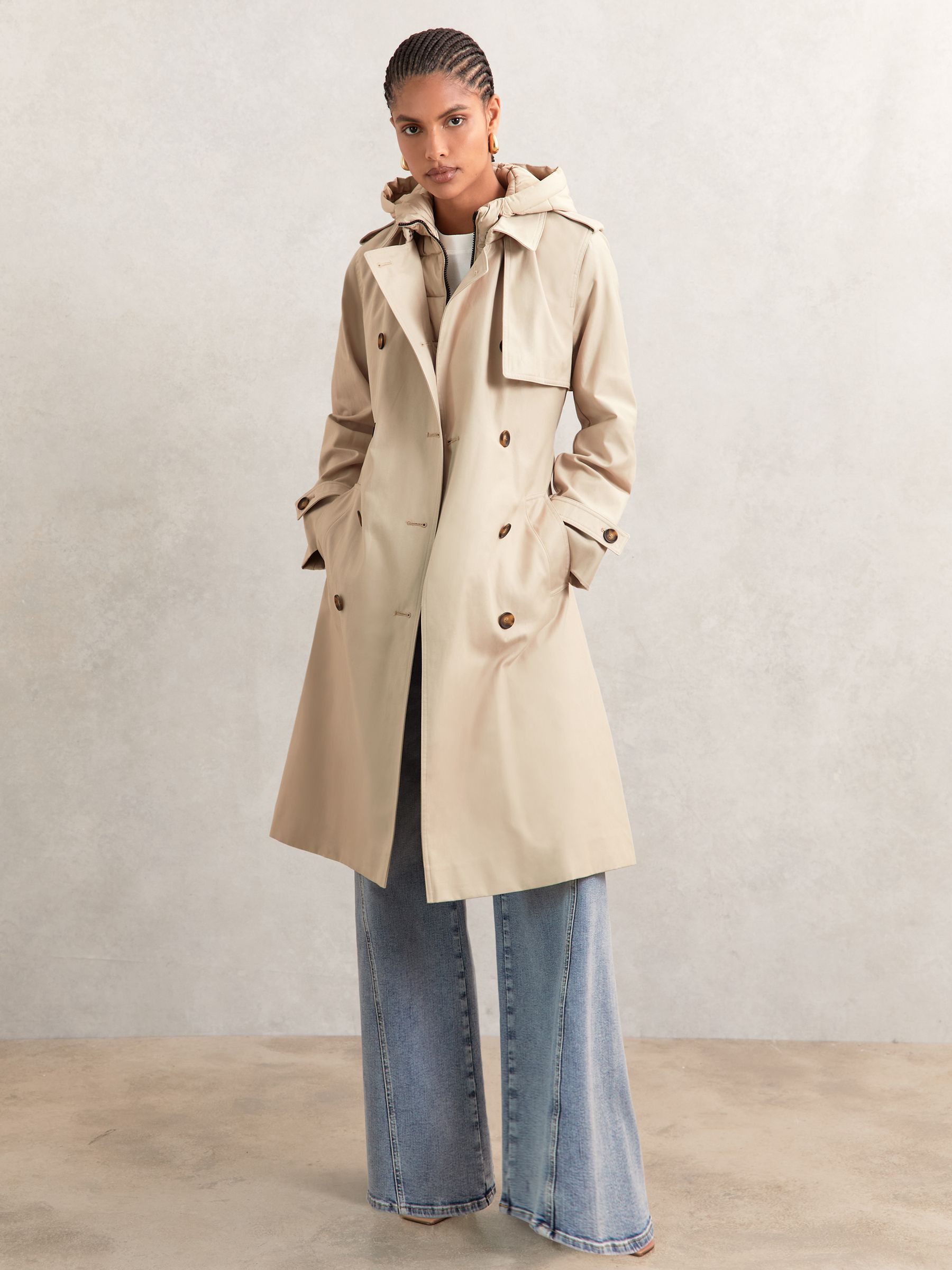 Hooded Insert Trench Coat in Stone