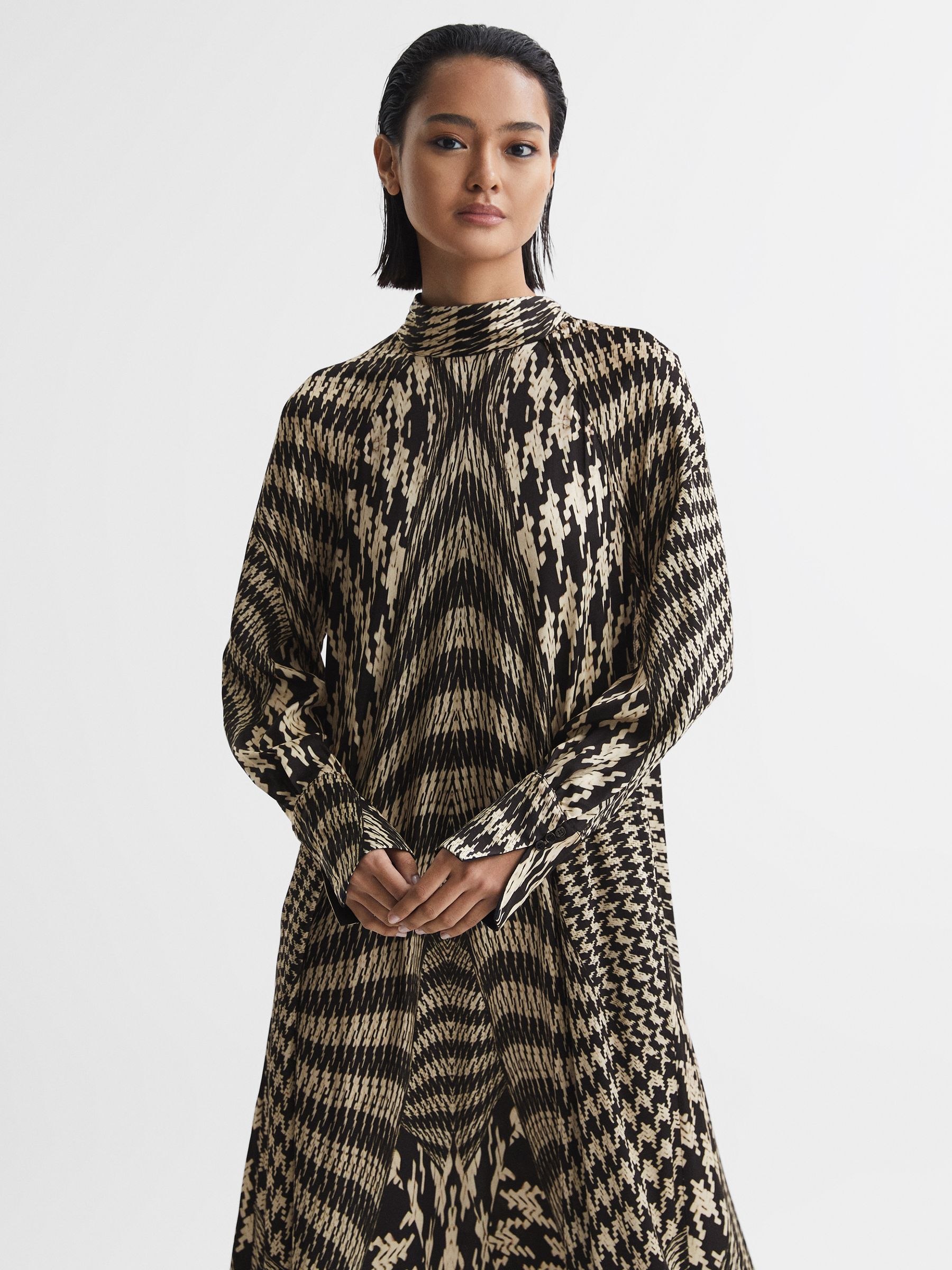 Dogtooth Midi Dress in Black/White