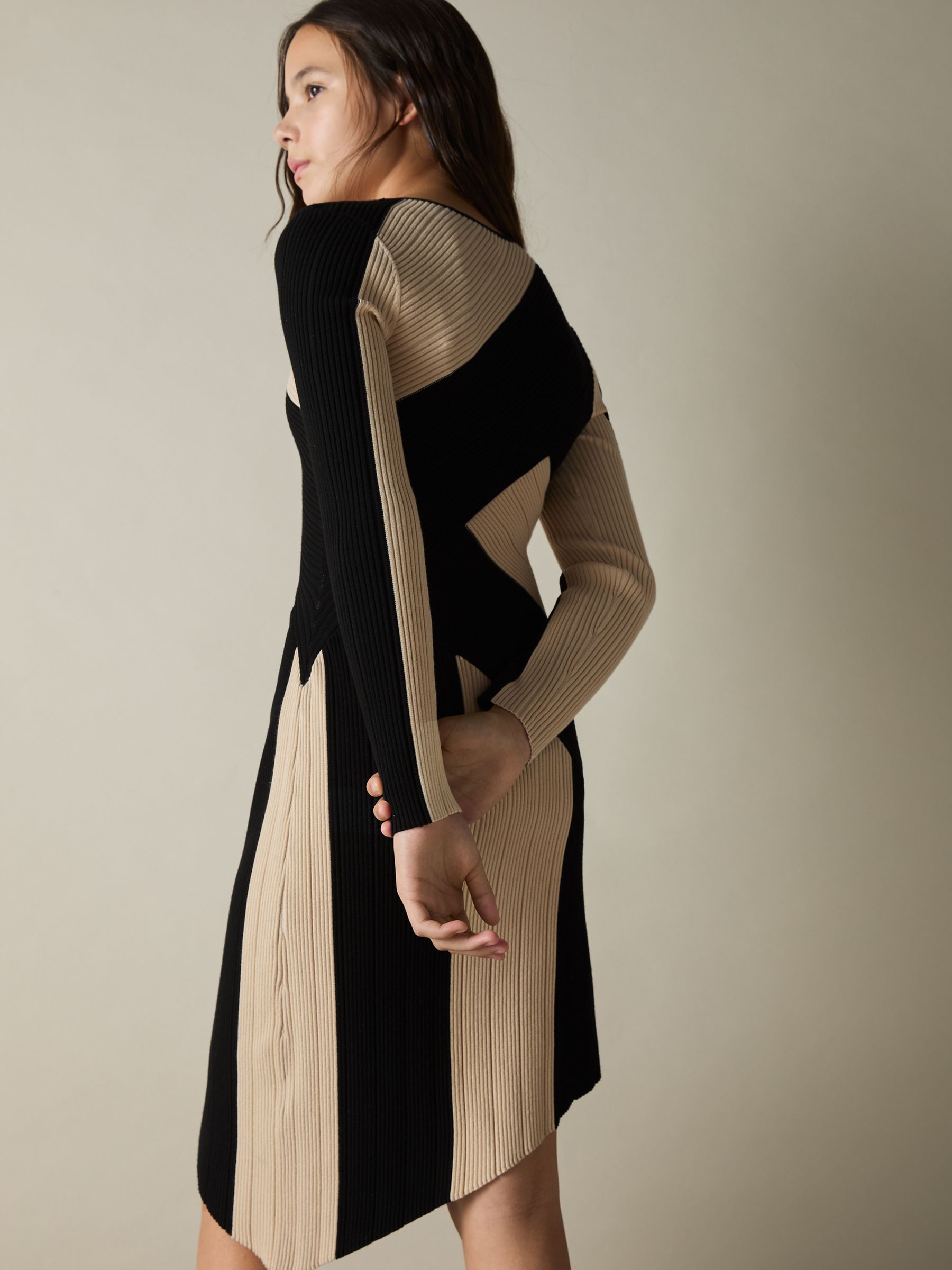 9-13 yrs Knitted Colourblock Asymmetric Dress in Black/Ecru