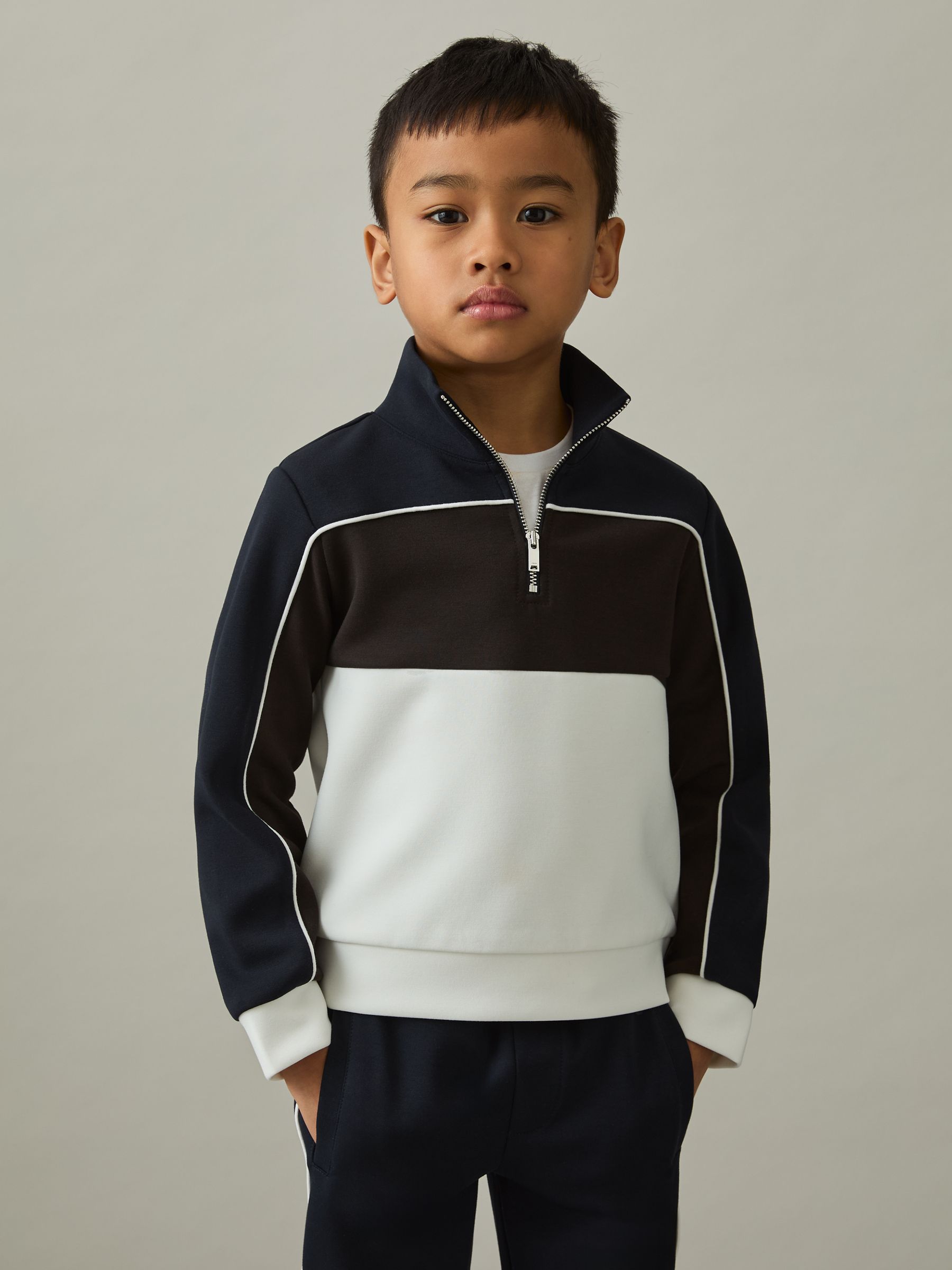 3-9 yrs Colour-Block Half-Zip Sweatshirt in Chocolate Brown/Navy/Off White