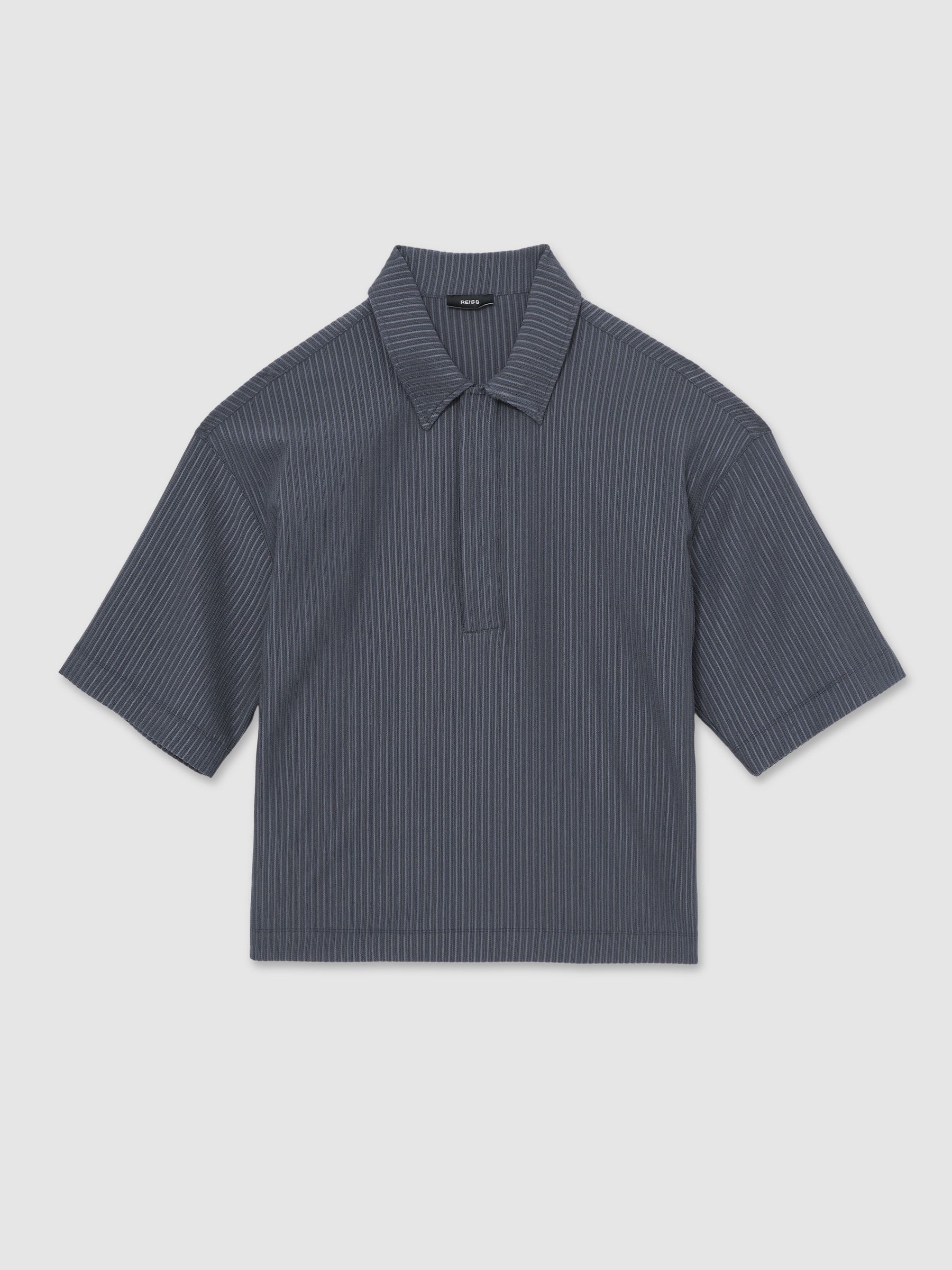 Oversized Textured Stripe Polo Shirt in Petrol Blue