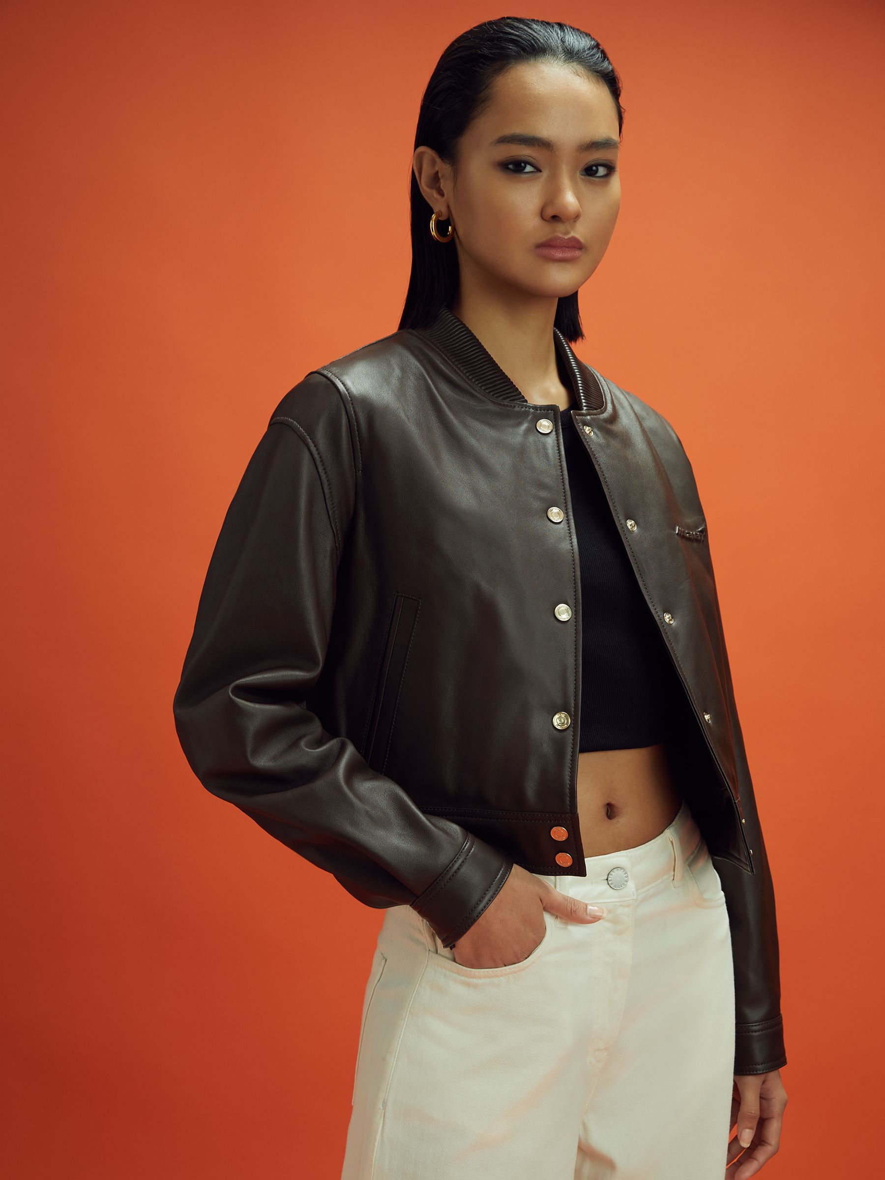 McLaren F1 Cropped Leather Bomber Jacket in Chocolate