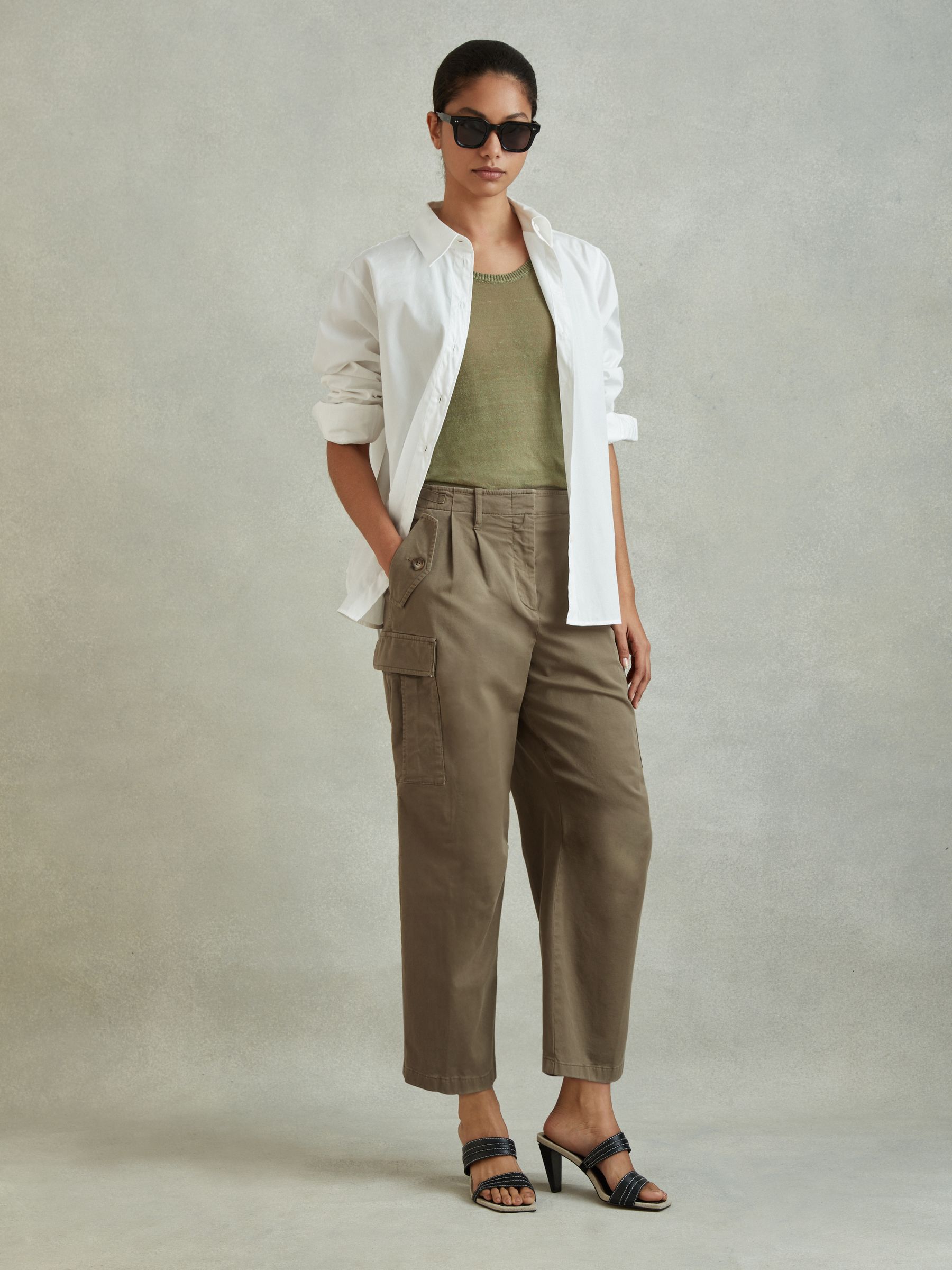 Cotton Blend Tapered Combat Trousers in Khaki