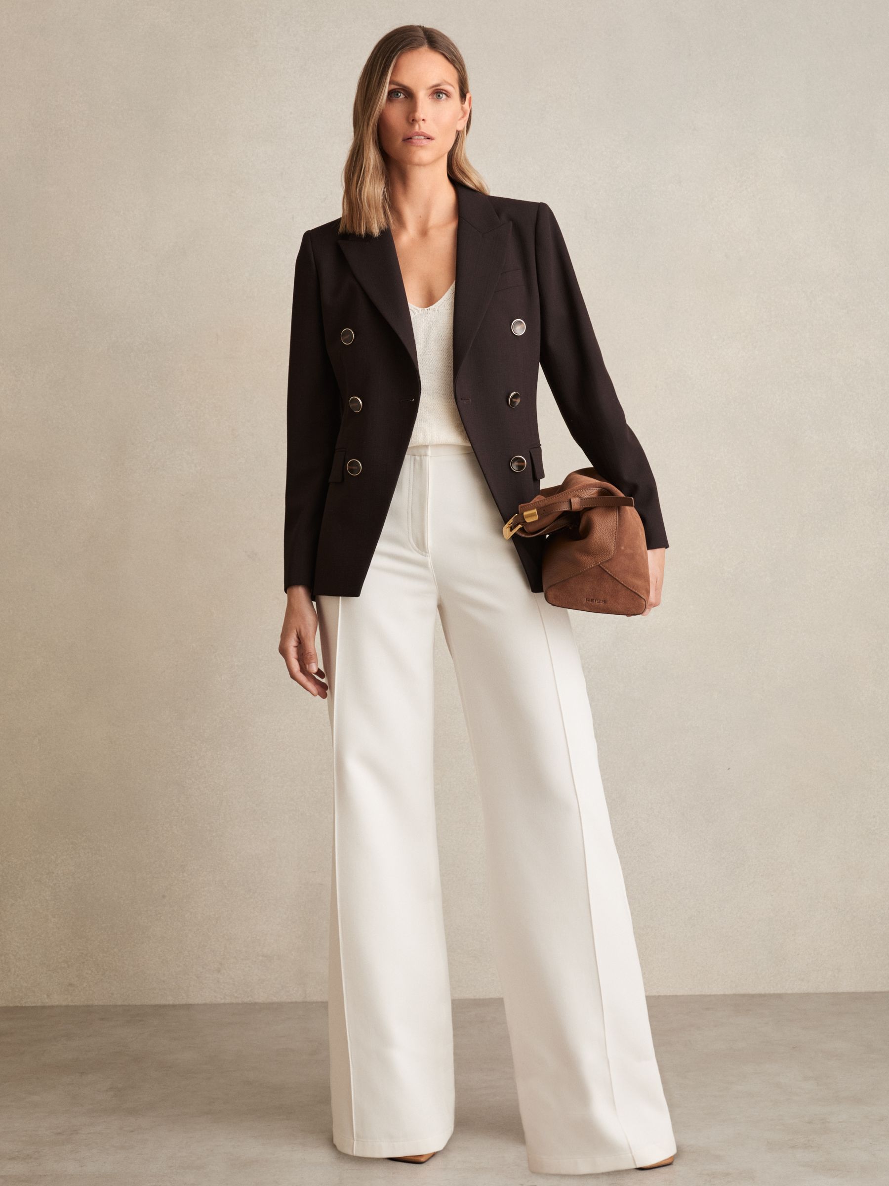 Petite Wool-Blend Double-Breasted Blazer in Chocolate Brown