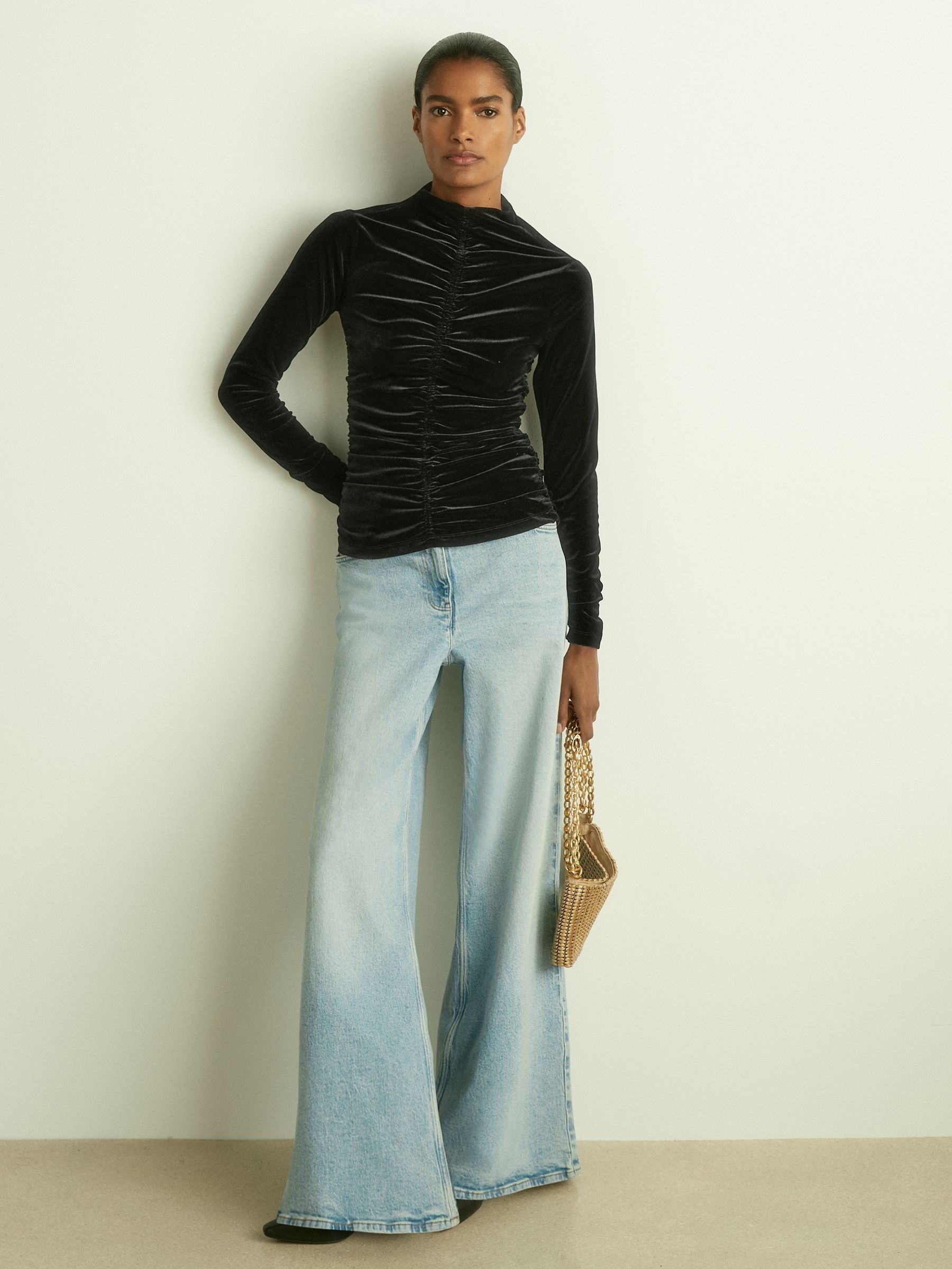 Velvet Ruched Long-Sleeve Top in Black