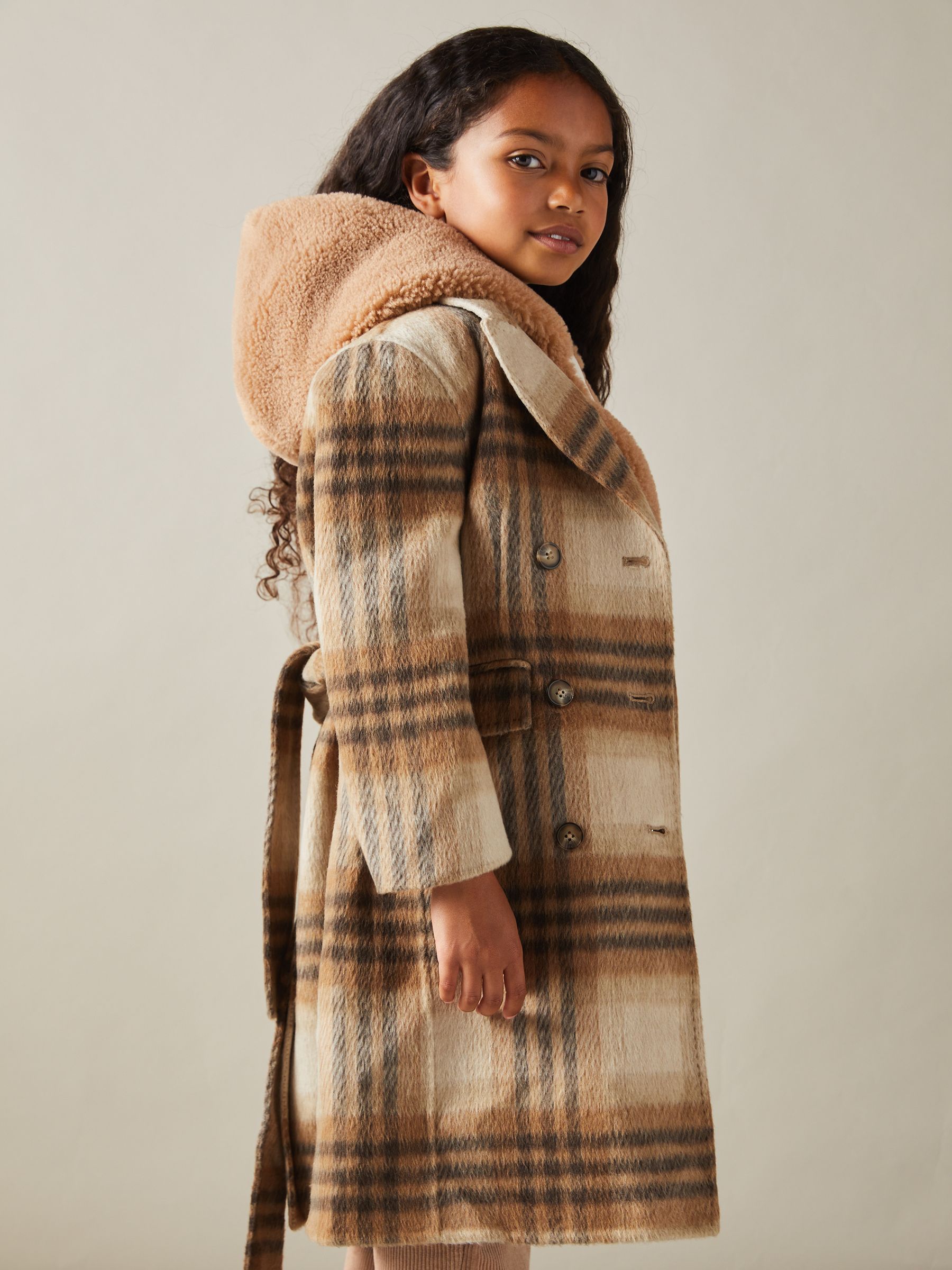 9-13 yrs Checked Wool Blend Blindseam Coat in Brown
