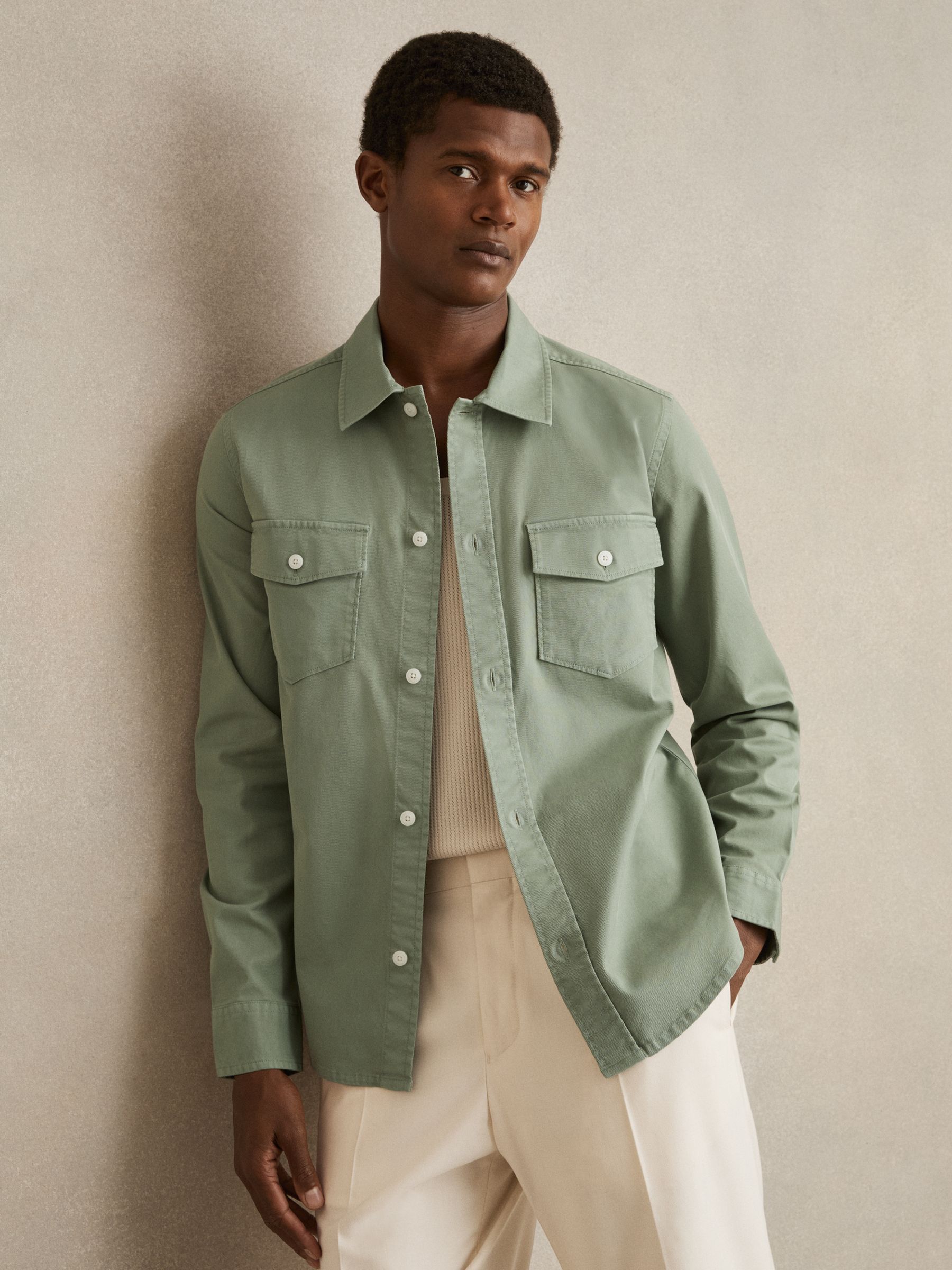 Cotton Twill Twin Pocket Overshirt With Stretch in Sage Green
