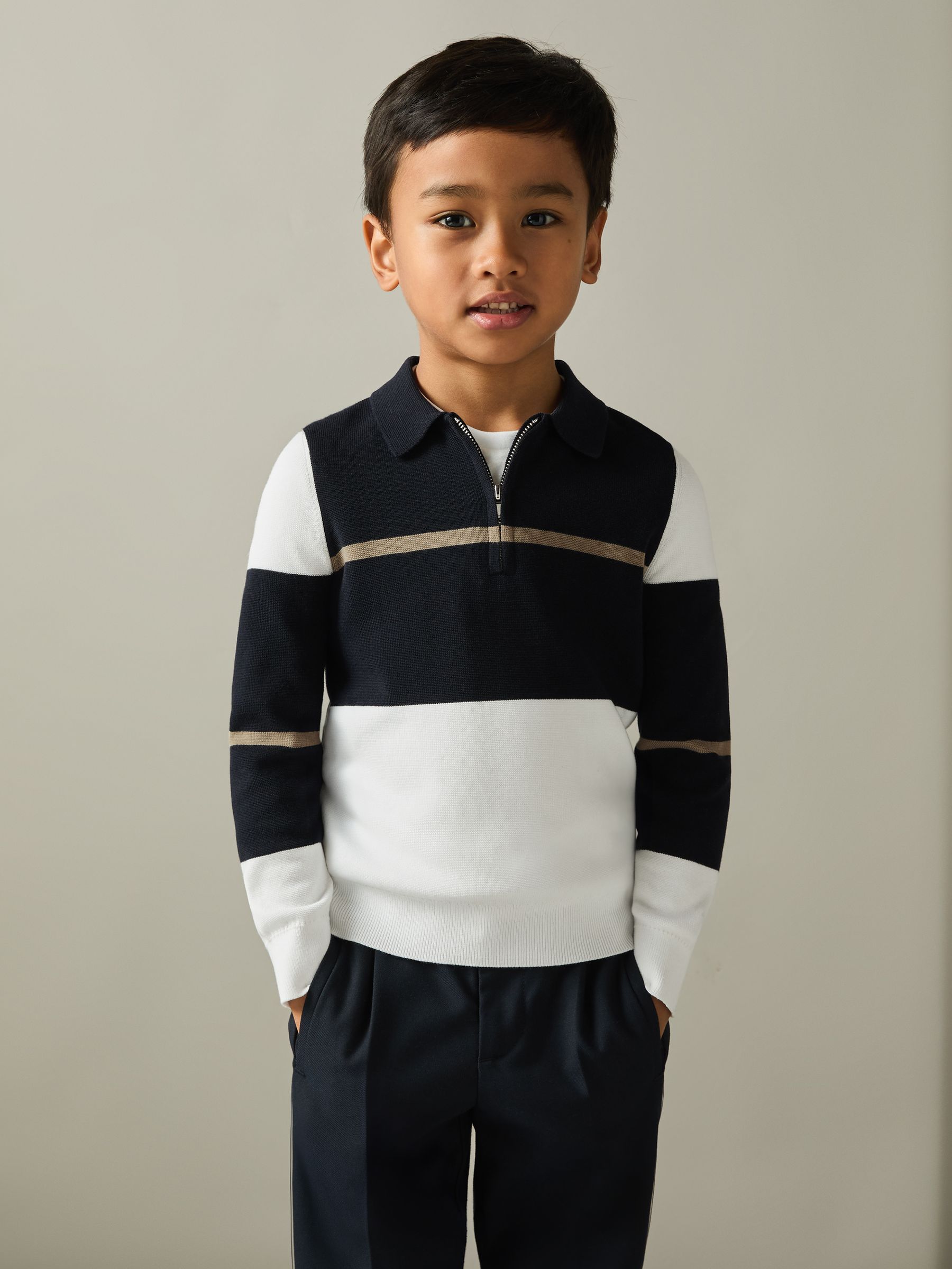9-13 yrs Colour-Block Half-Zip Polo Shirt in Navy/White/Camel