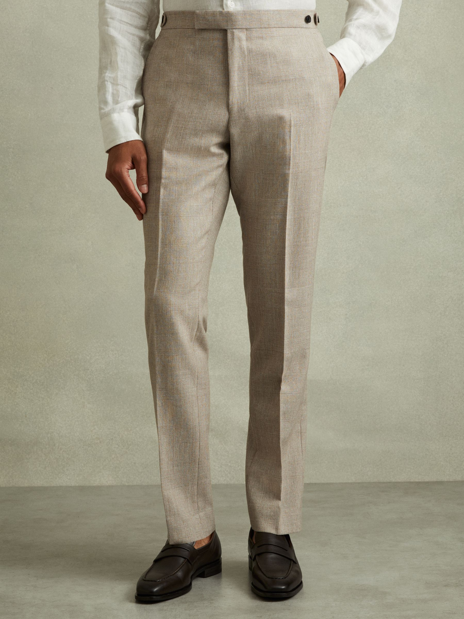 Checked Side Adjuster Trousers in Wool-Linen in Oatmeal
