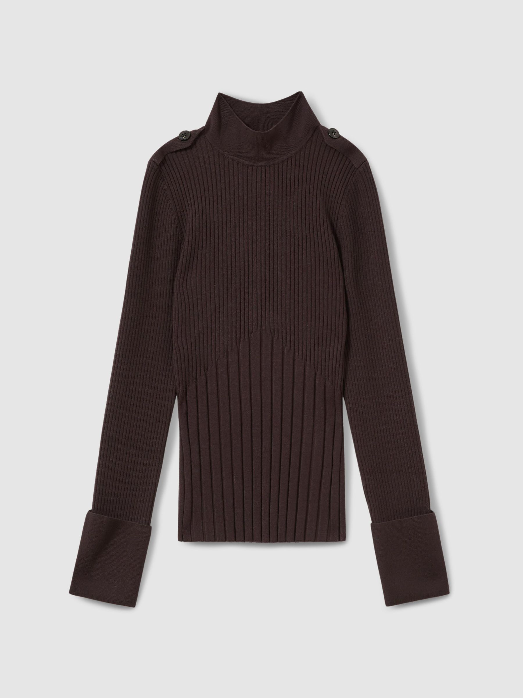 Rib-Knit High-Neck Top in Burgundy