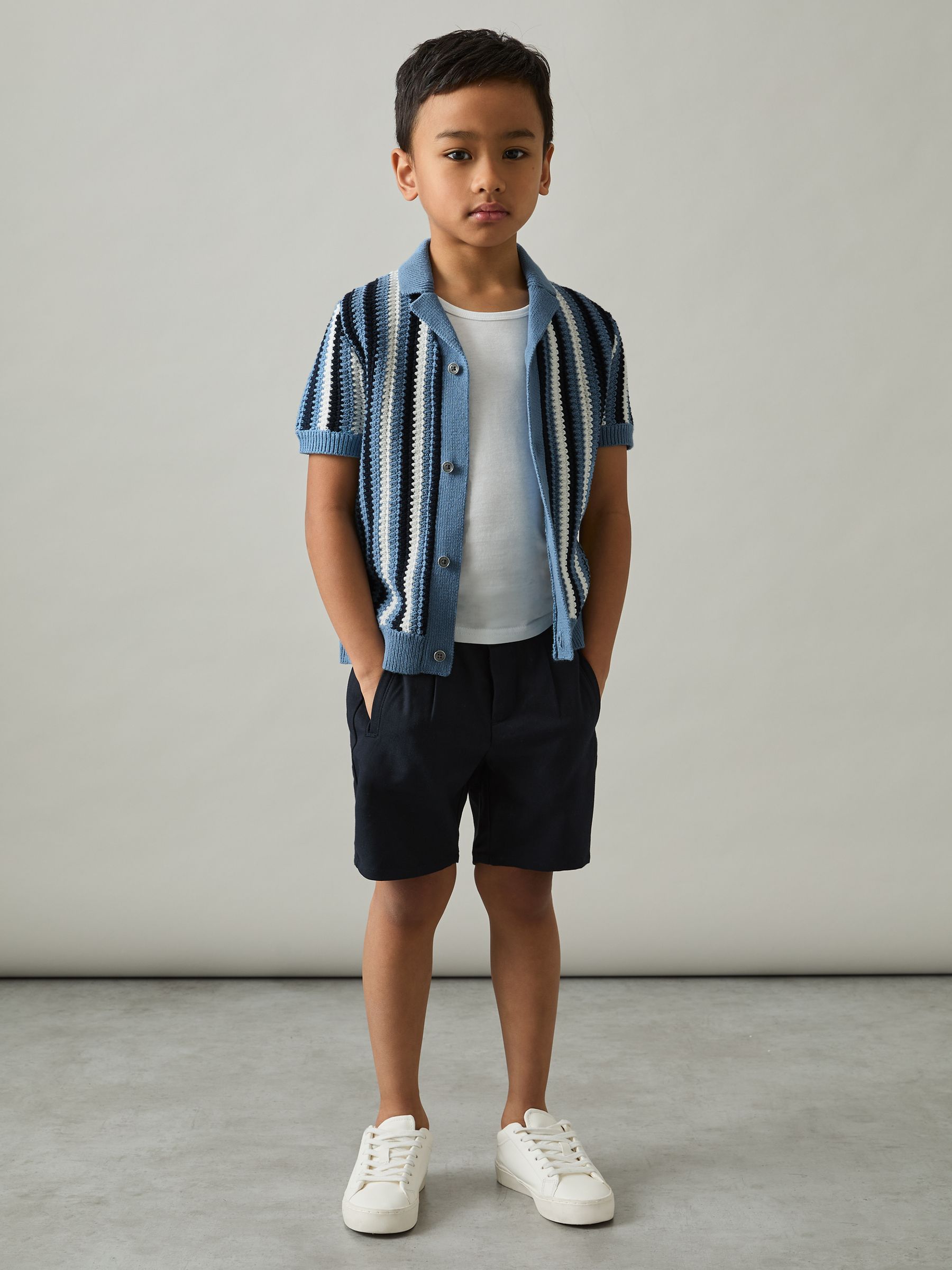 9-13 yrs Cotton Crochet Stripe Cuban Shirt in Airforce Blue