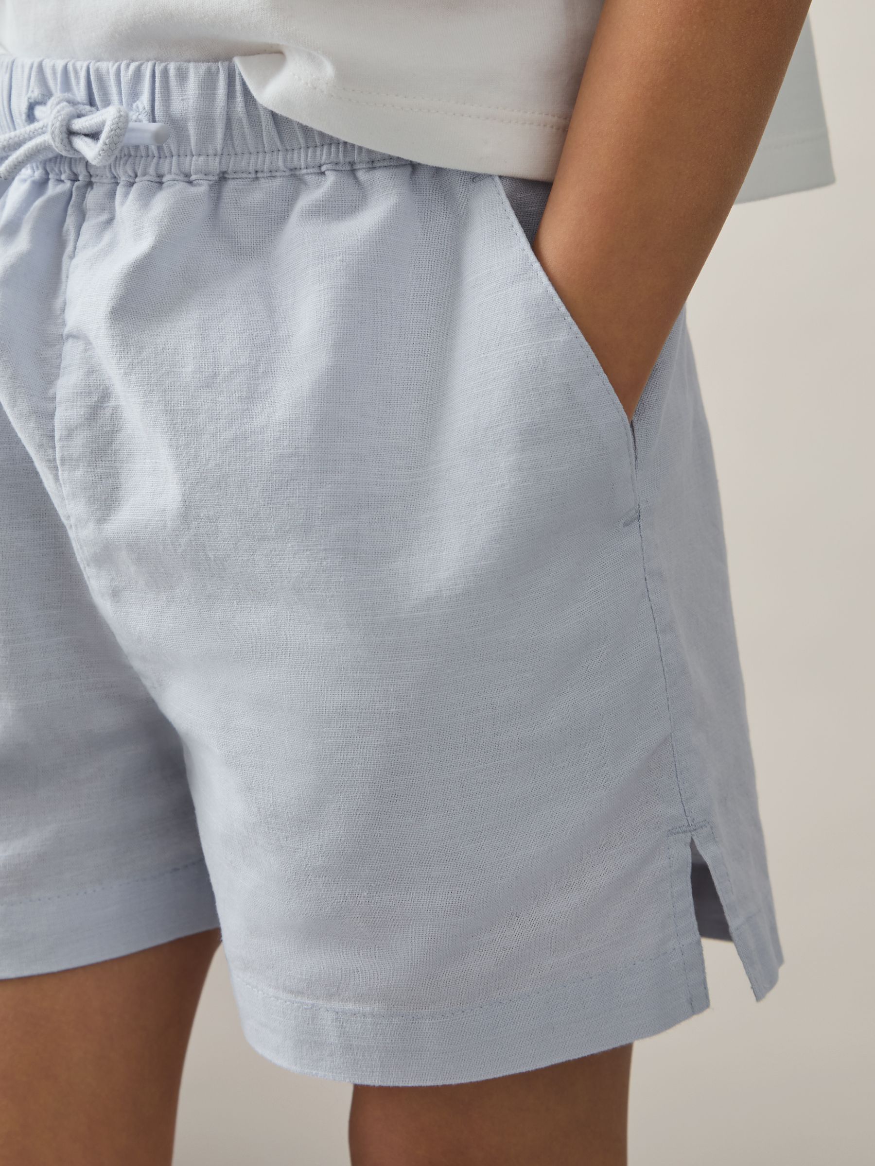13-14 yrs Cotton-Linen Drawstring Shorts in Soft Blue
