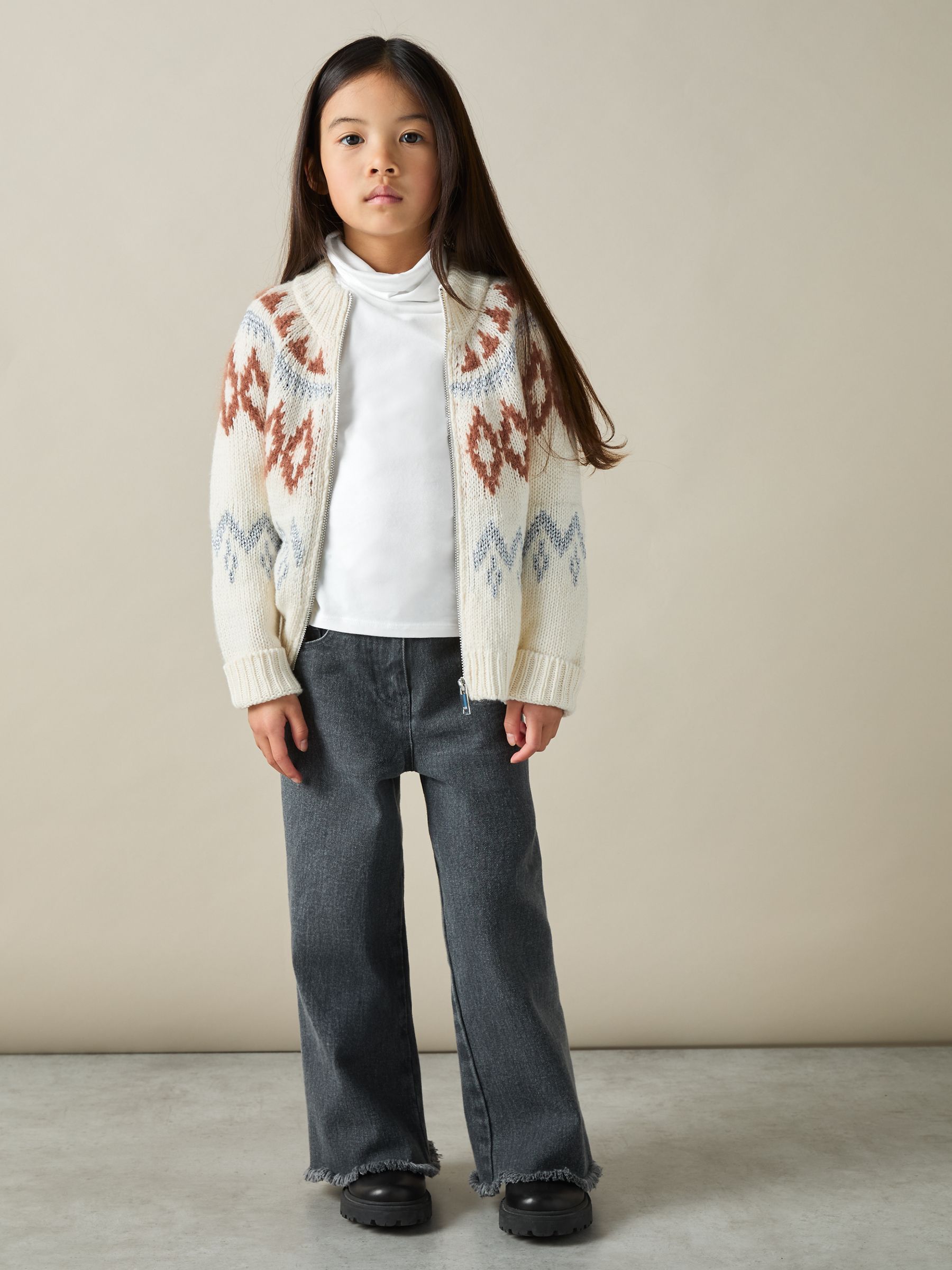 9-13 yrs Cotton-Jersey Roll-Neck Top with Stretch in Ivory