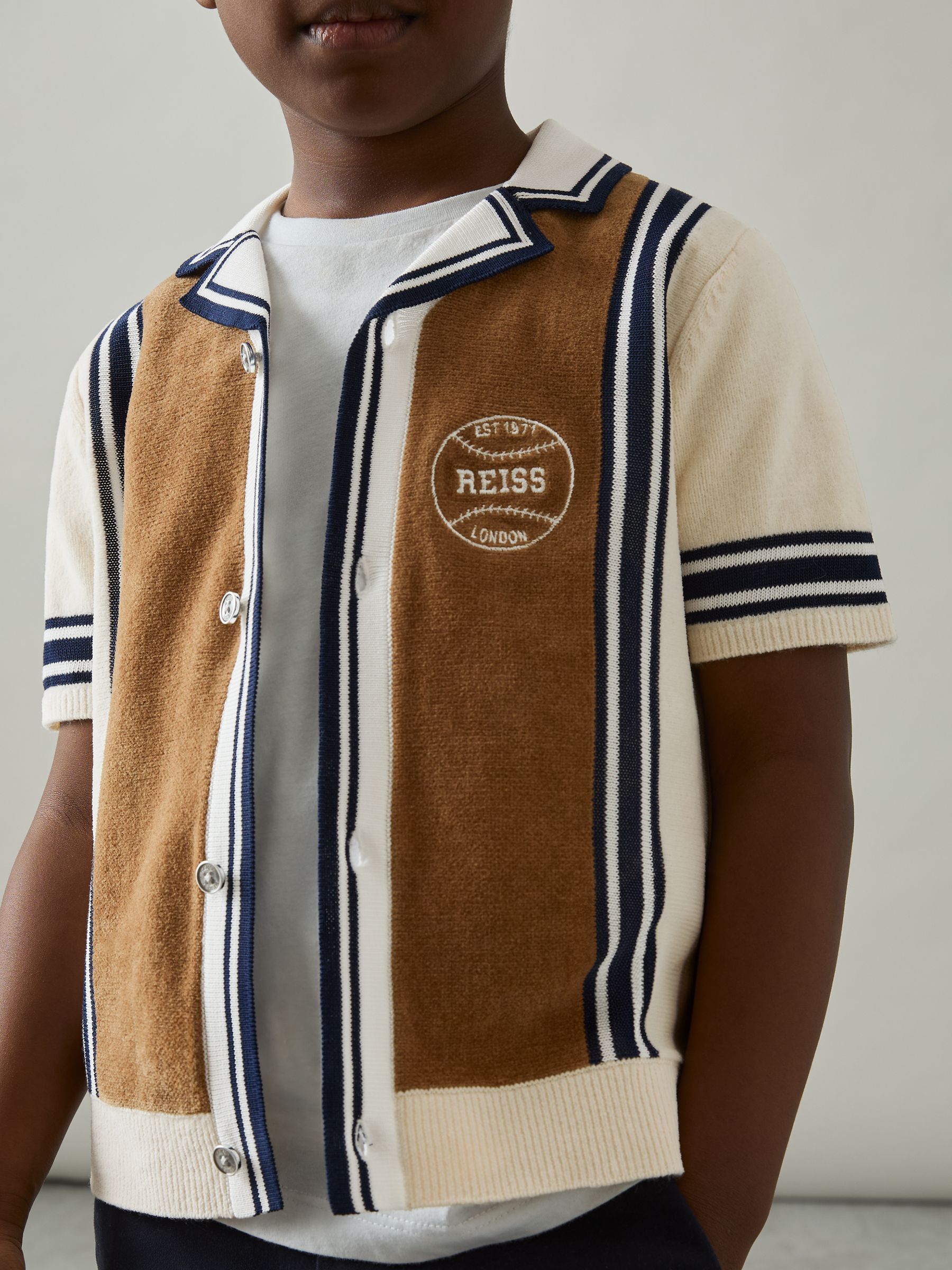 9-13 yrs Cotton Colour-Block Varsity Shirt in Tobacco Brown/ Off White