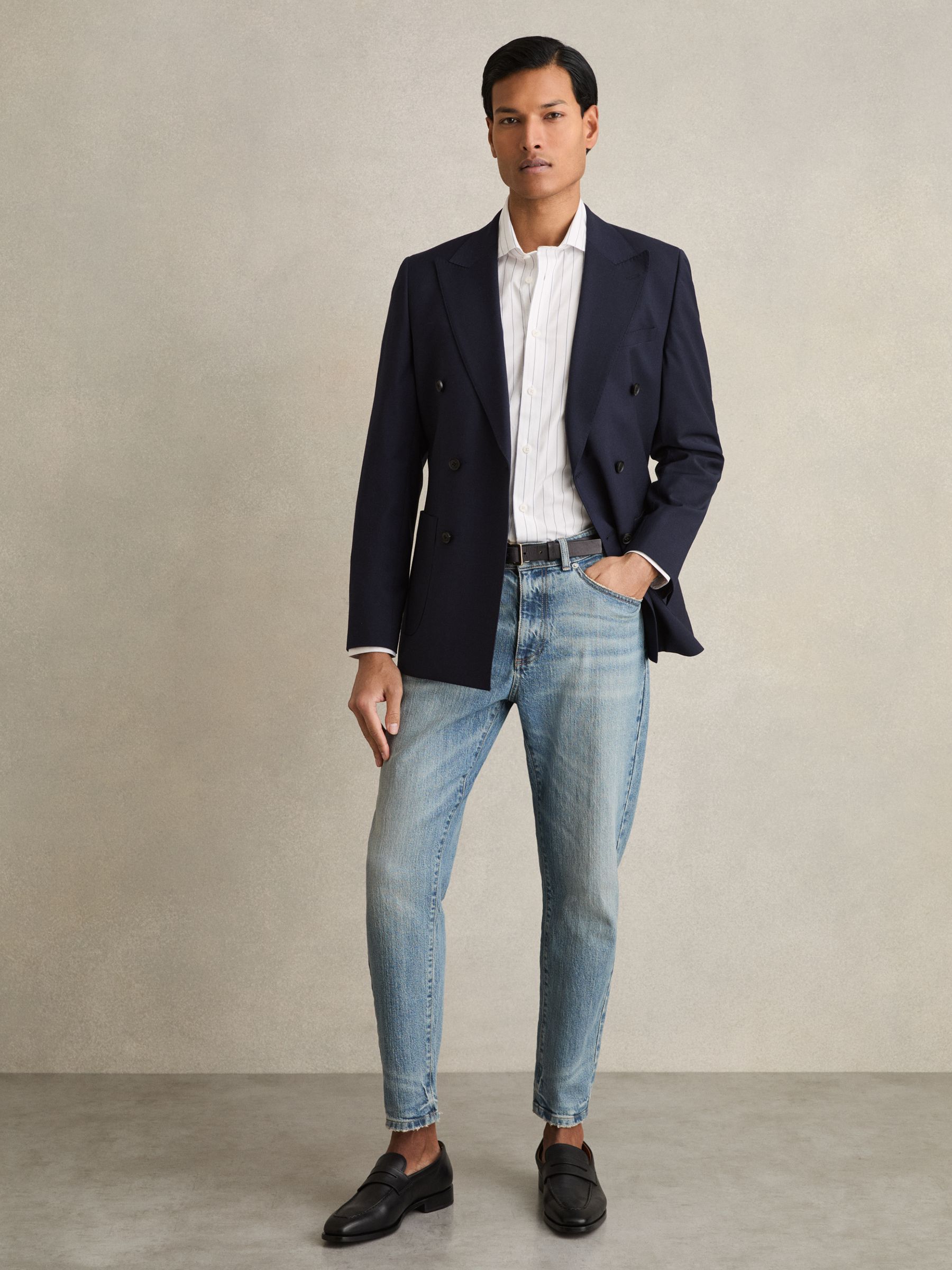 Cotton Cutaway Collar Stripe Shirt in Blue/White