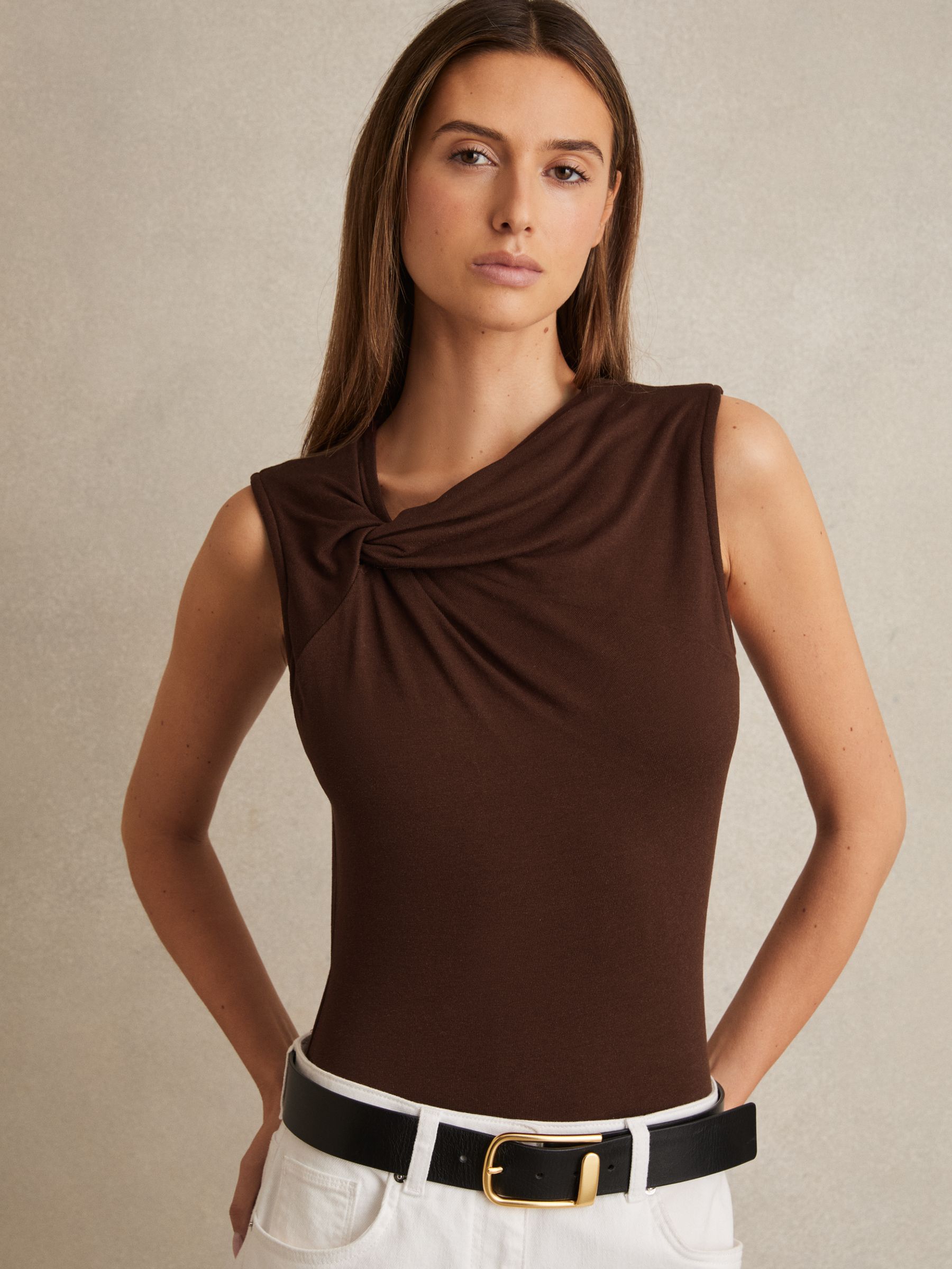 Knot Detail Jersey Bodysuit in Chocolate Brown