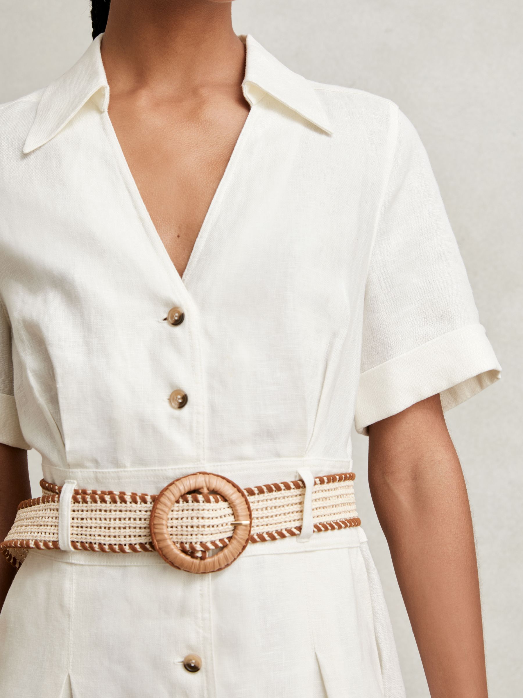 Linen Belted Midi Shirt Dress in Ivory