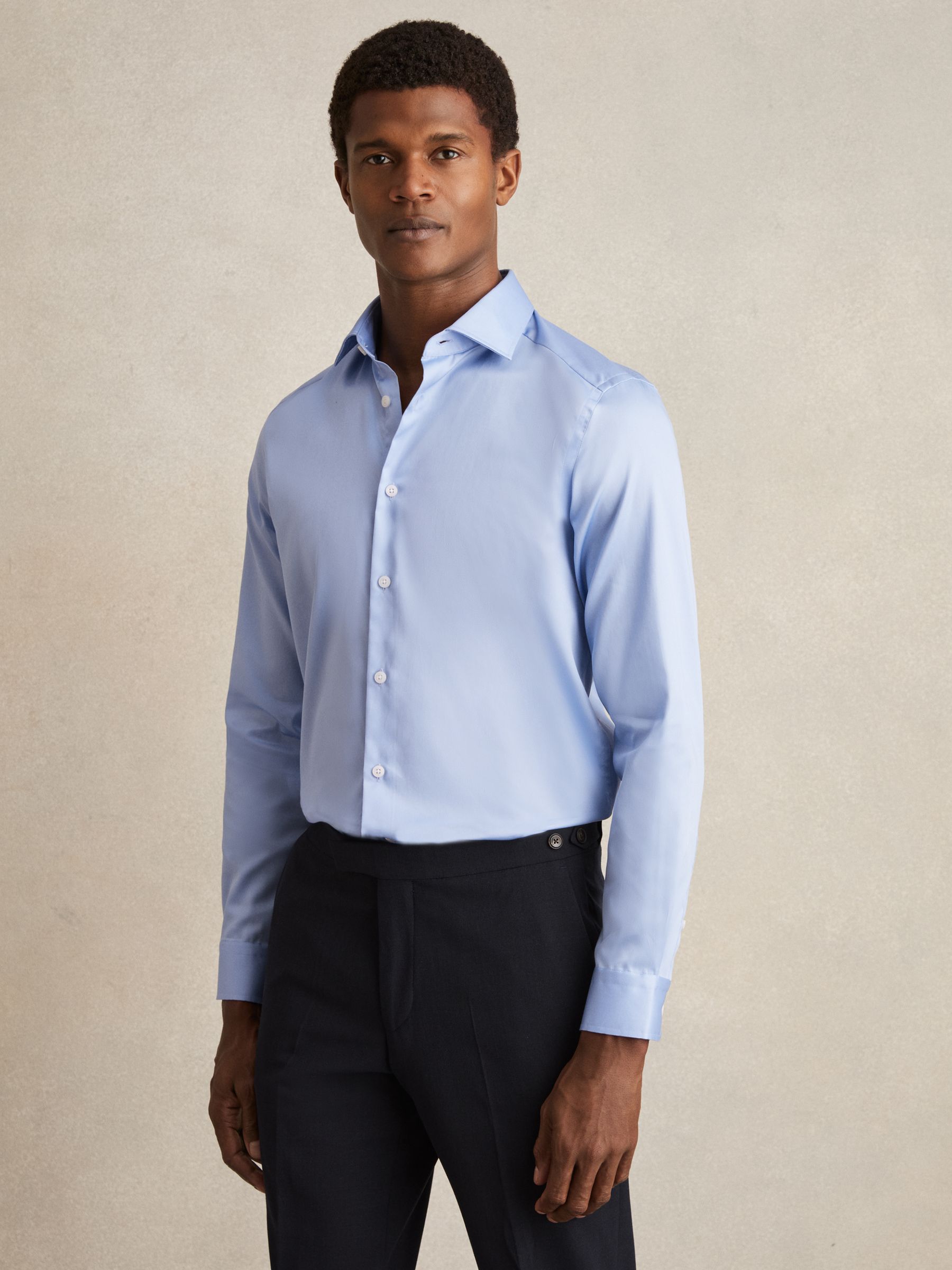 Slim Fit Cotton Sateen Shirt in Mid Blue
