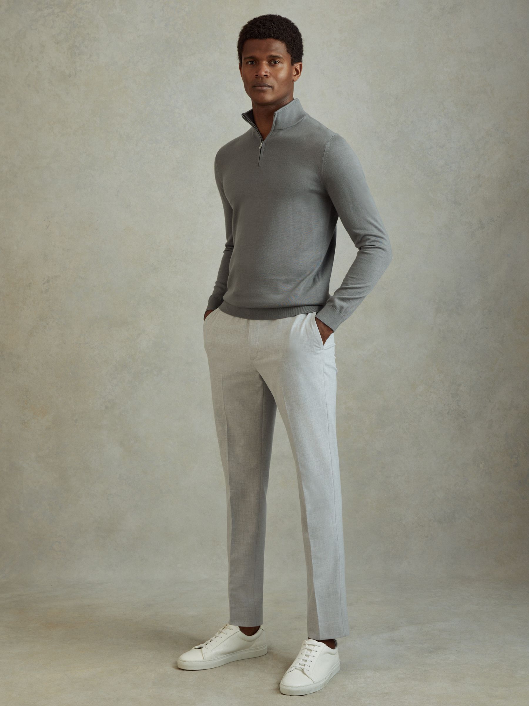 Merino Wool Half-Zip Funnel Neck Jumper in Dusty Green