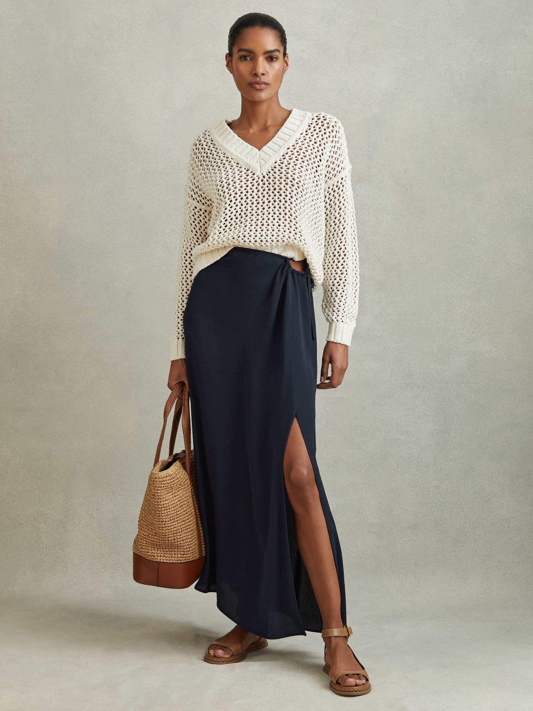 Gathered Side Midi Skirt in Navy