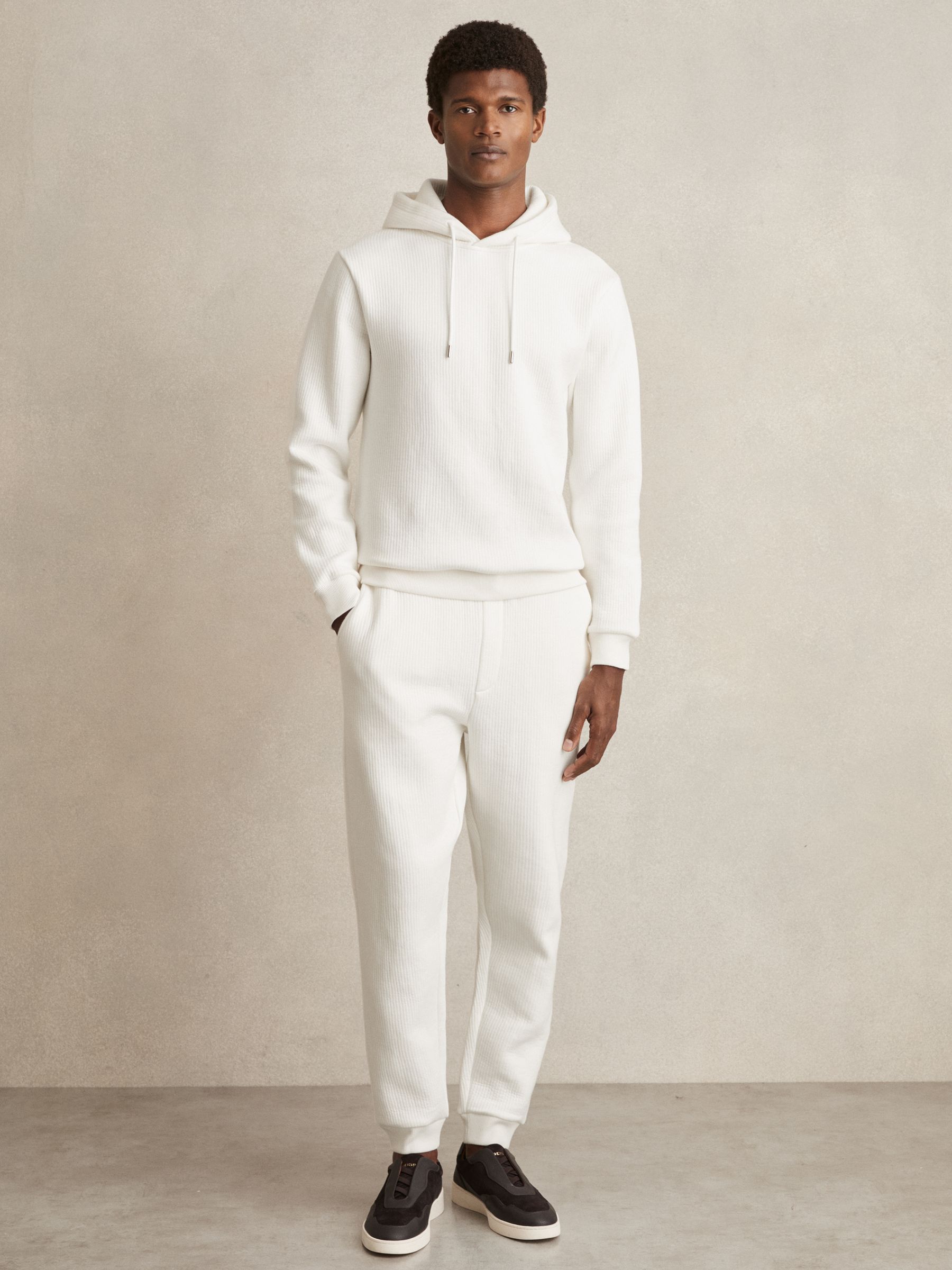 Cotton-Blend Rib-Knit Hoodie in White