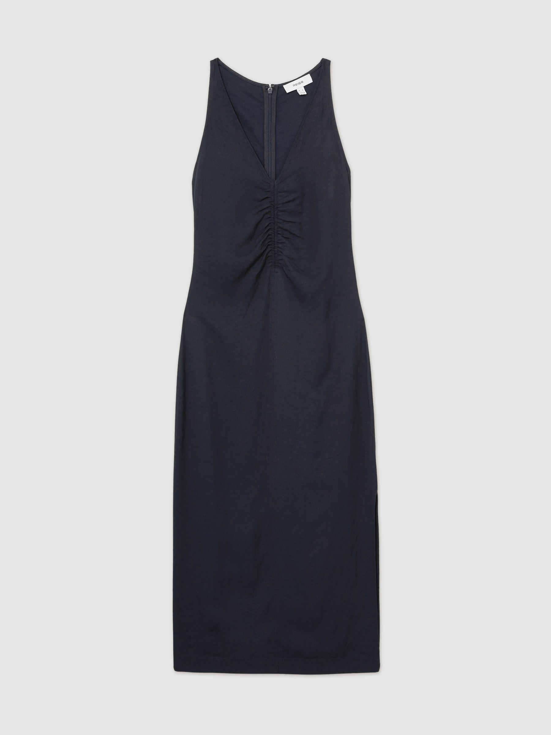 Ruched Sleeveless Midi Dress With Linen in Navy