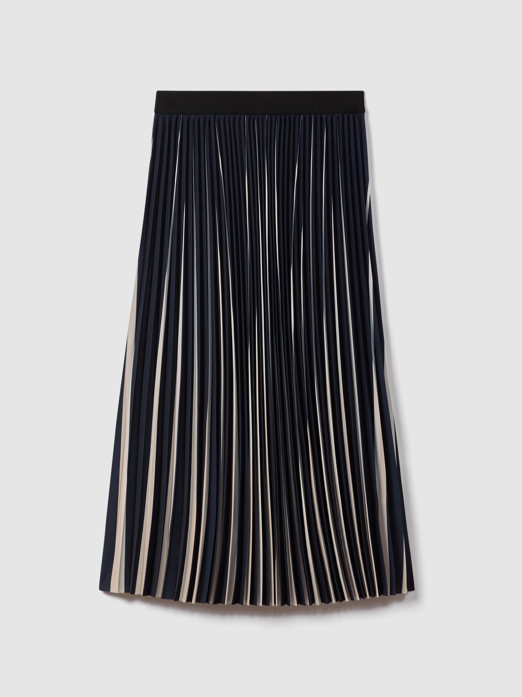 Pleated Striped Midi Skirt in Navy/Cream