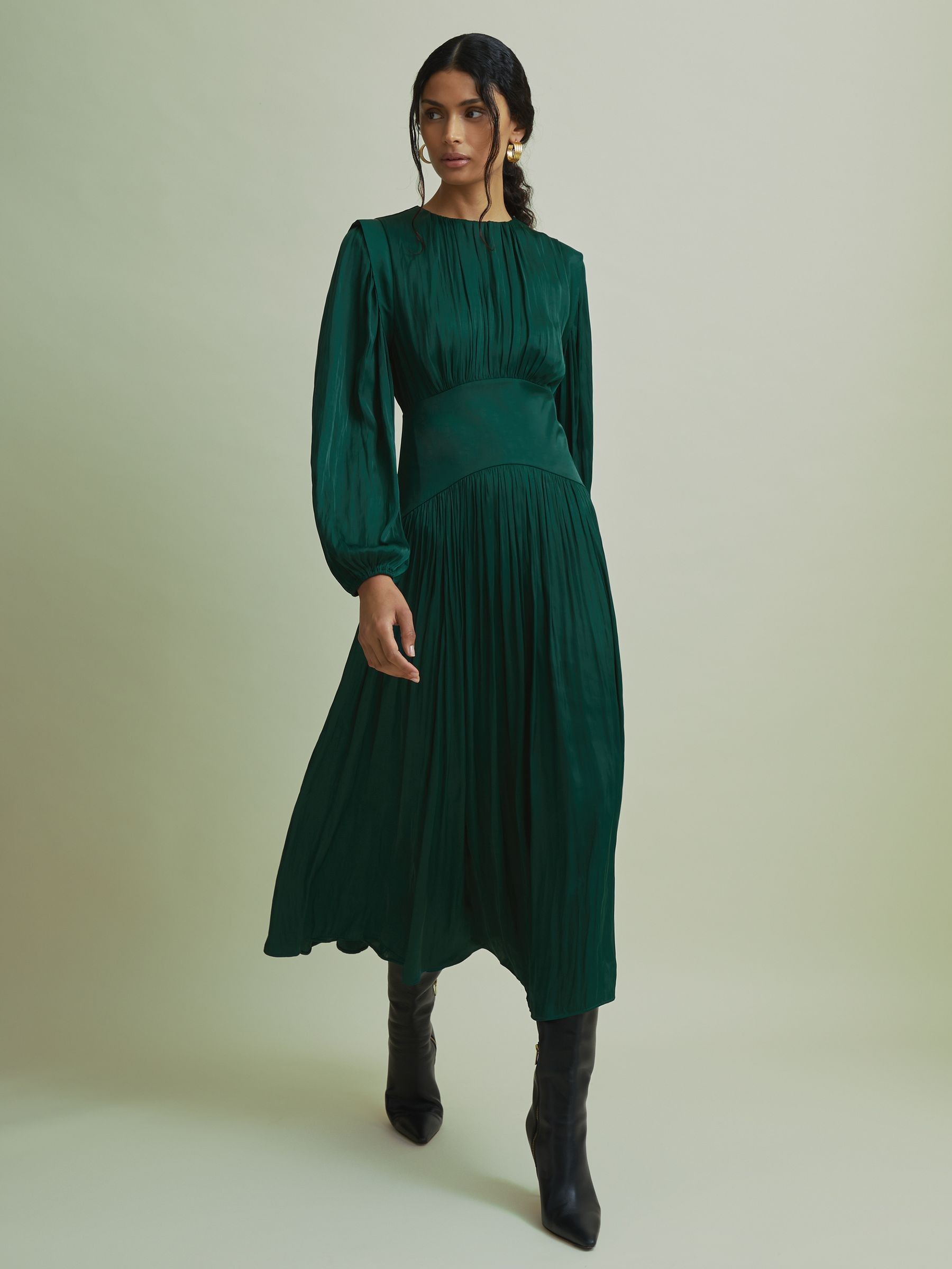 Florere Blouson Sleeve Midi Dress in Dark Green