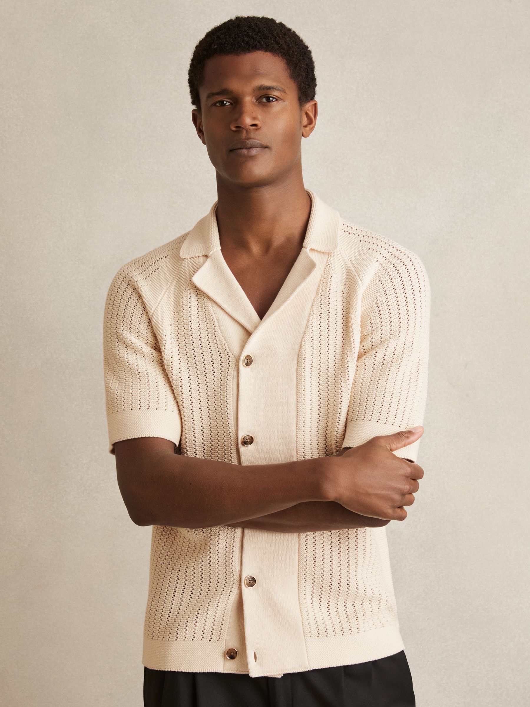 Cotton Textured-Knit Cuban-Collar Shirt in Light Stone