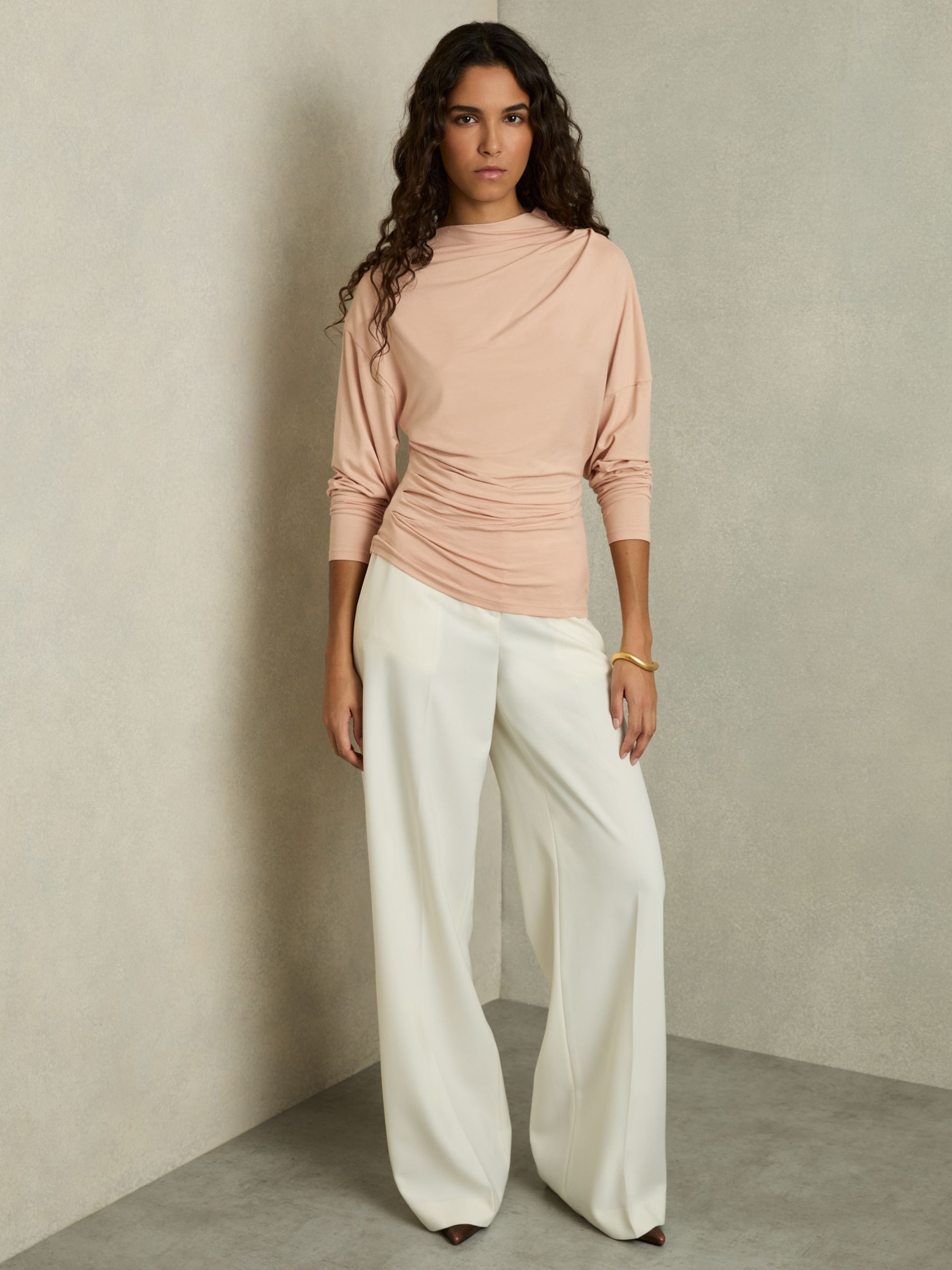 Draped Jersey Long-Sleeve Top in Blush